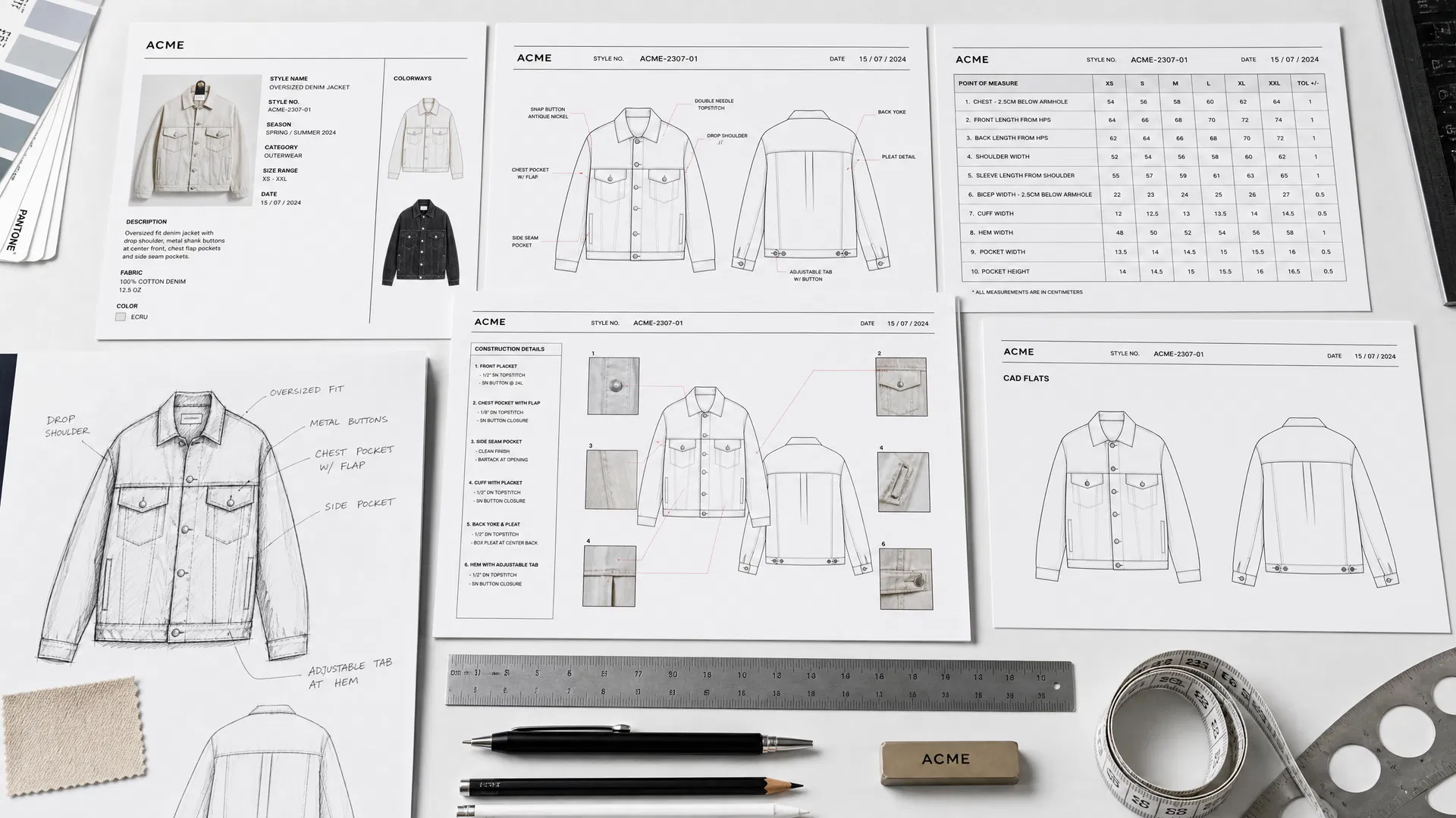 Apparel tech pack showing garment measurements and construction details