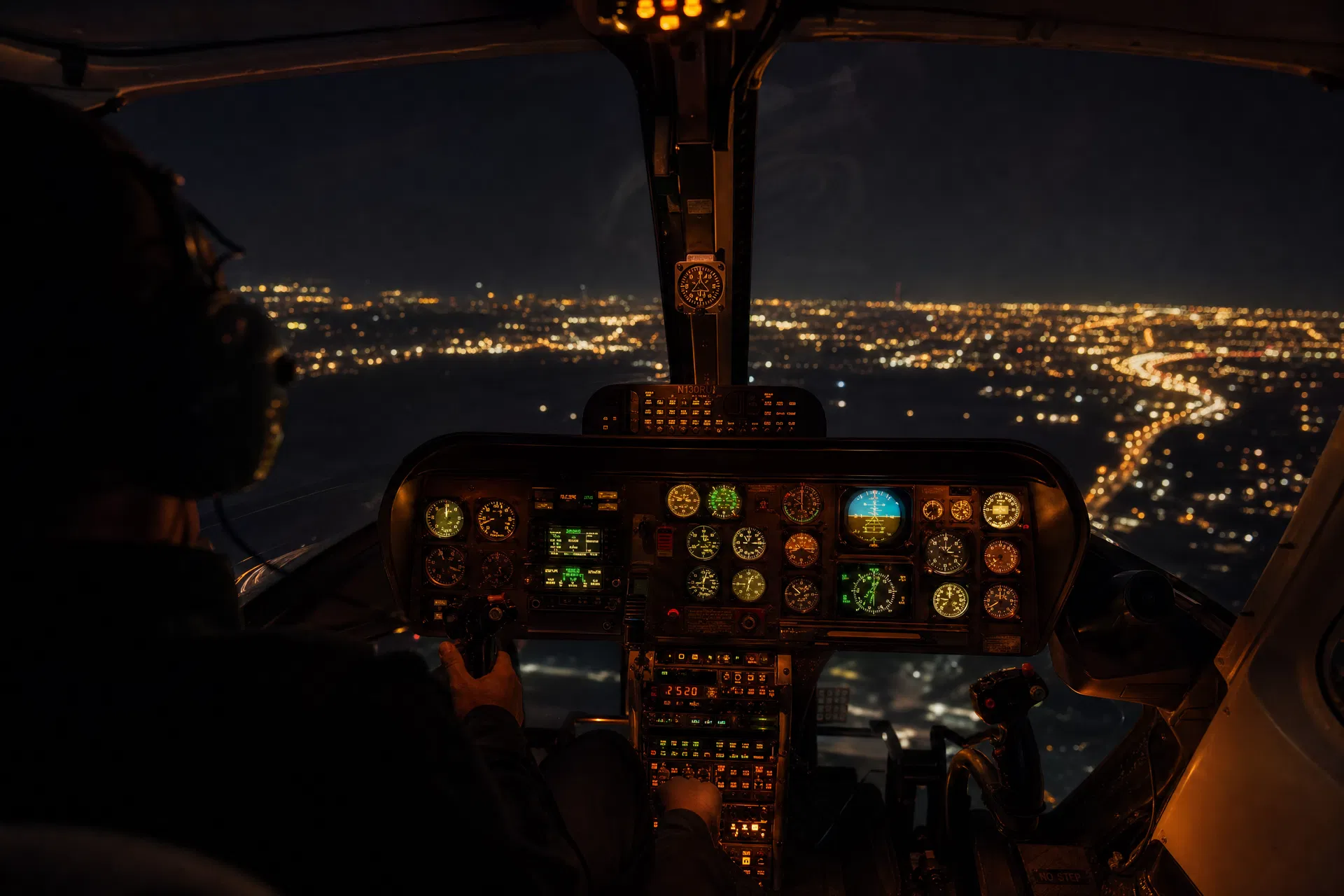 Helicopter cockpit at night