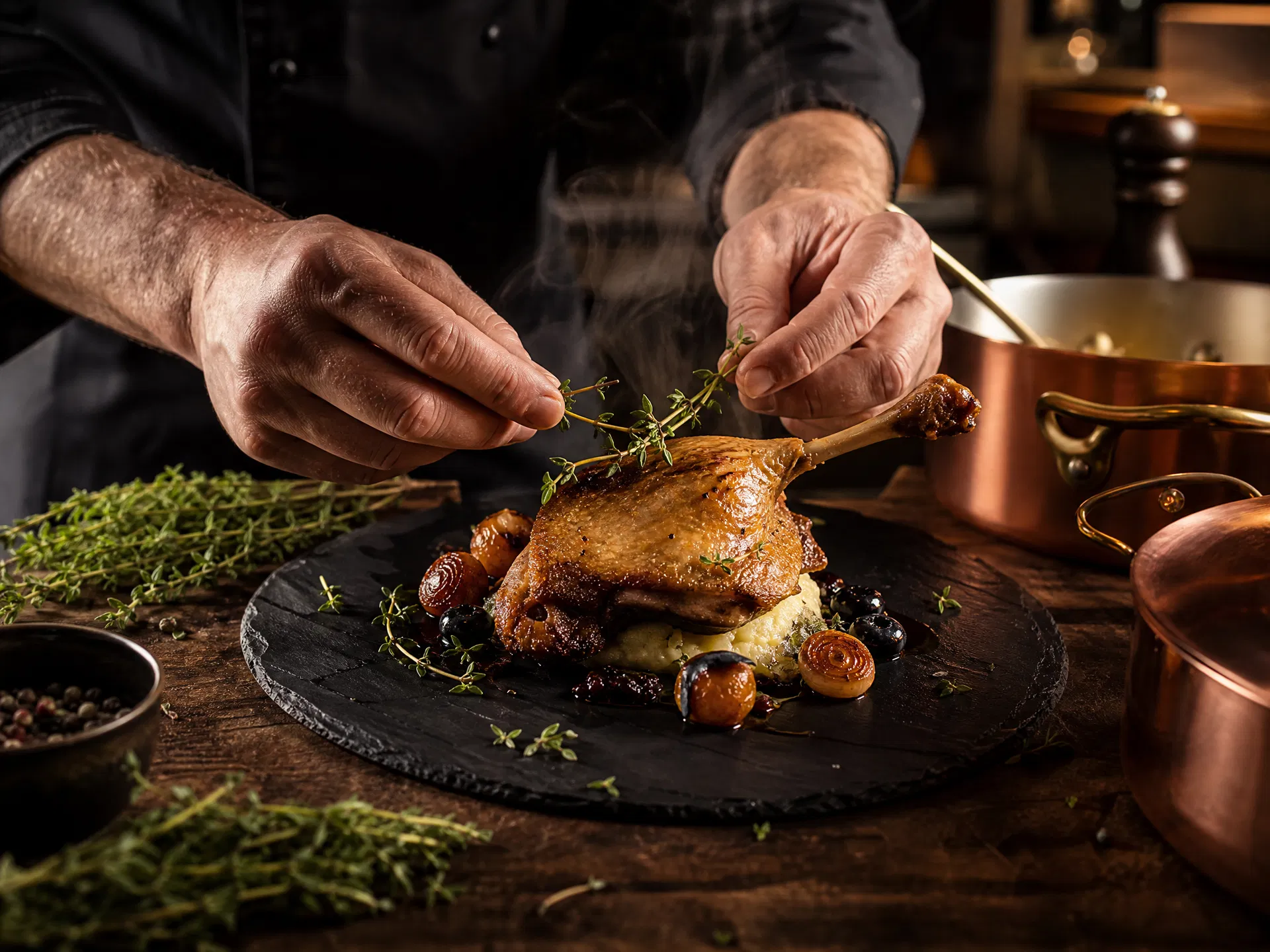 Chef Vic plating duck confit at Chef Boutique production kitchen in Puerto Galera Philippines