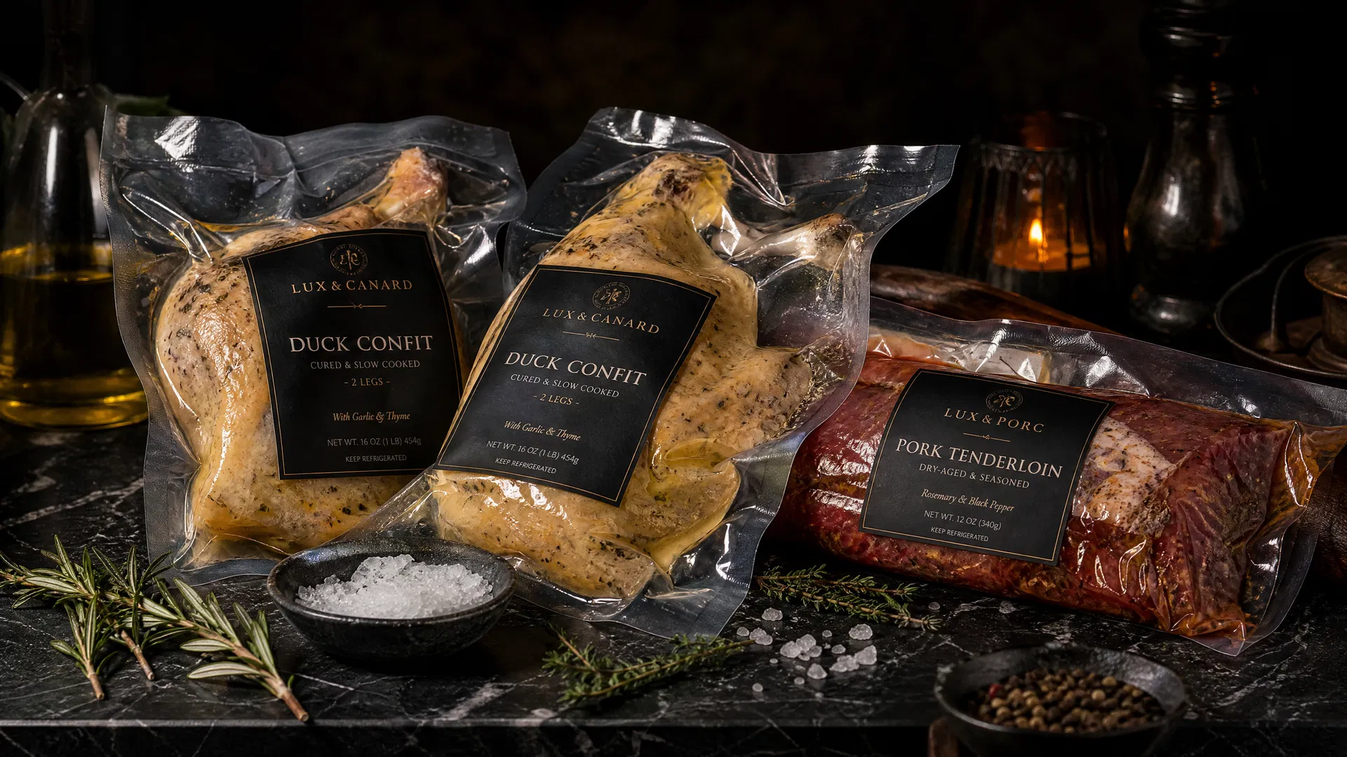 Vacuum-sealed gourmet duck confit and pork tenderloin products ready for delivery to restaurants and homes across the Philippines