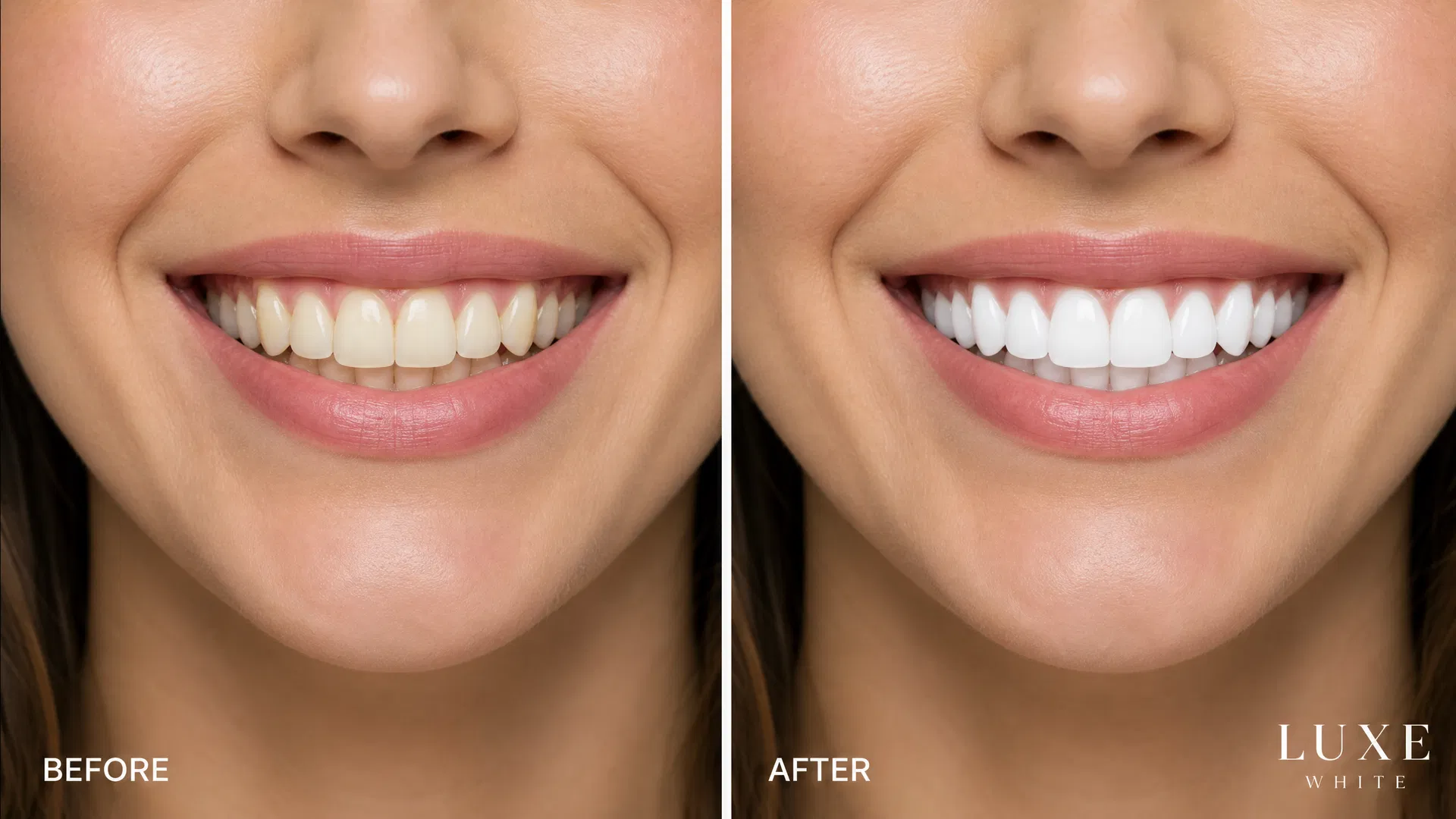 Before and after results using the best teeth whitening strips from 3DWhiteningStrips
