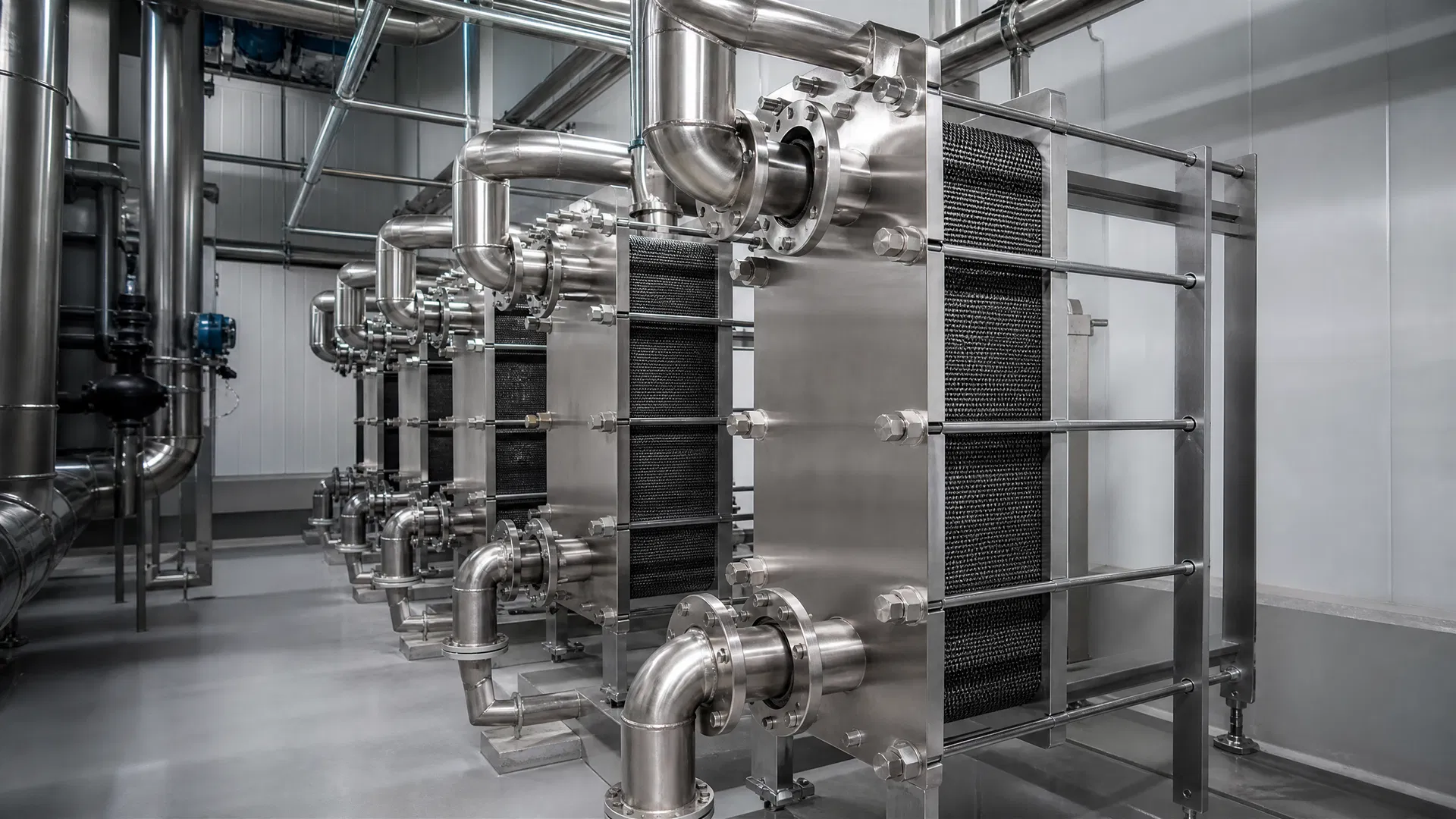 Row of stainless steel plate-and-frame heat exchangers in a clean mechanical room
