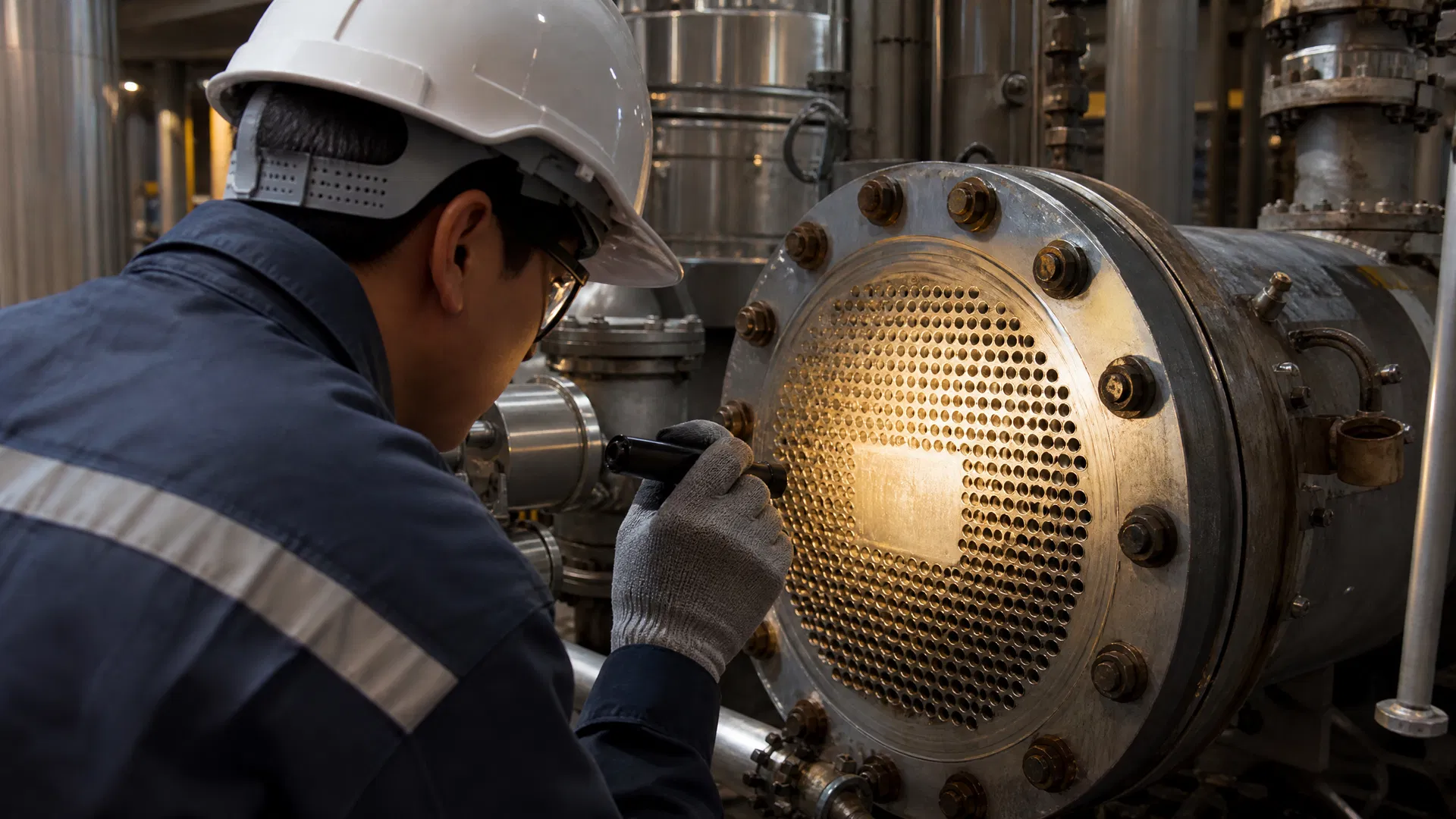 Engineer inspecting a heat exchanger nameplate with a flashlight inside a processing plant