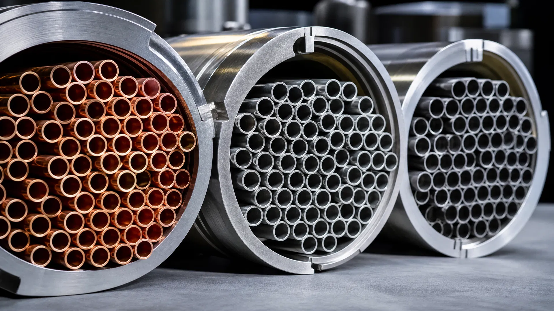 Cross-sections of copper, stainless steel and titanium heat exchanger tube bundles