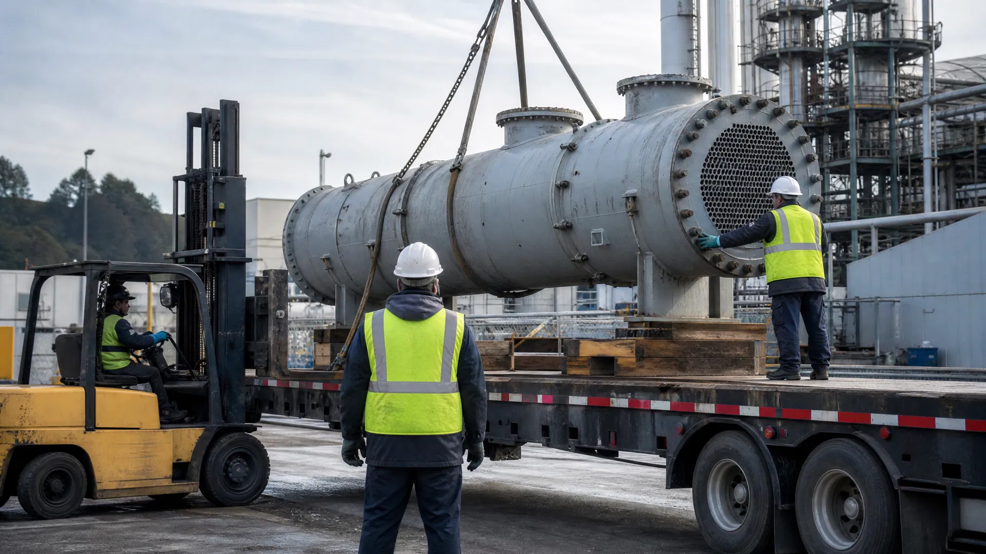 Workers rigging and loading a surplus heat exchanger onto a flatbed truck