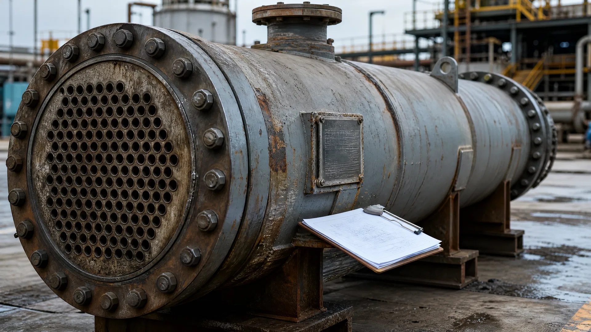 Used shell-and-tube heat exchanger in an industrial yard with inspection paperwork resting on it