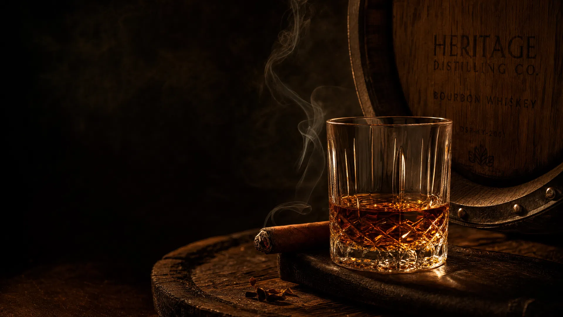 Bourbon in a crystal glass beside a smoldering cigar and oak barrel