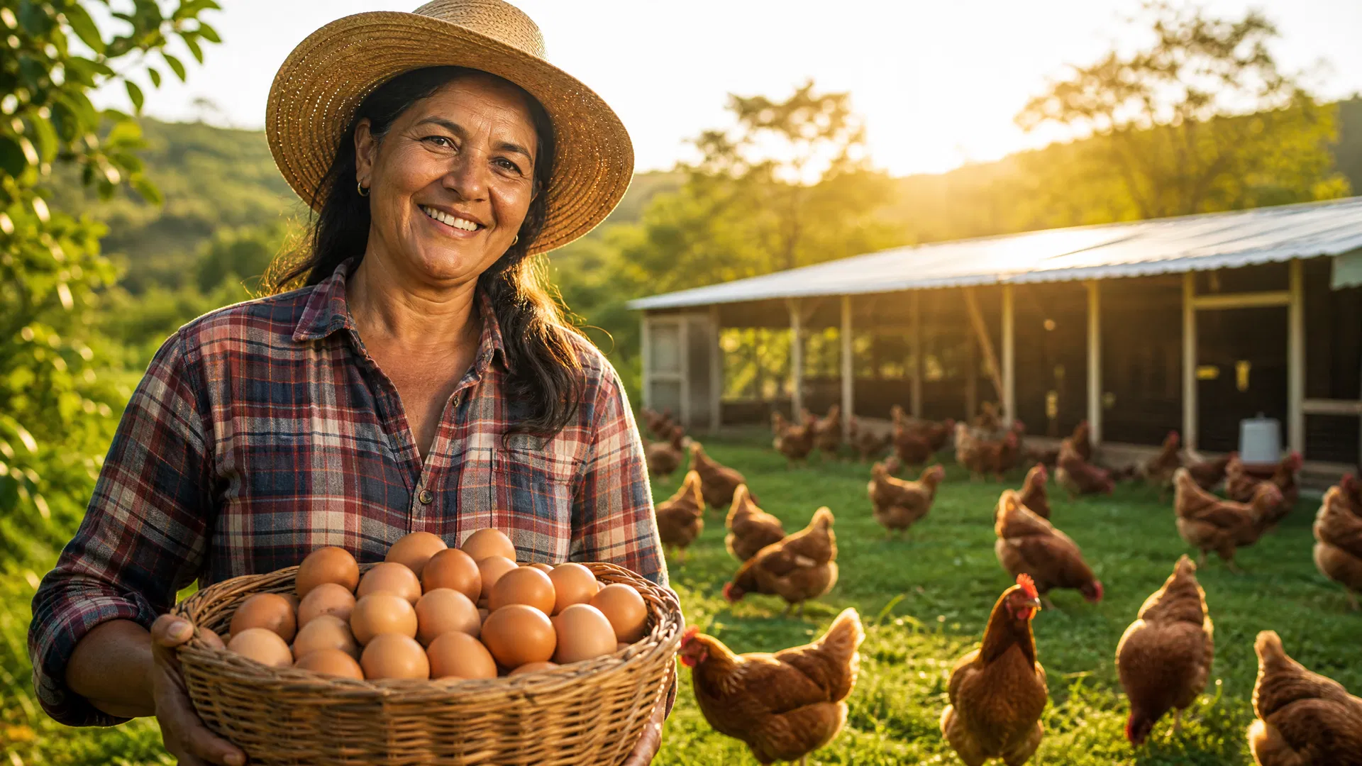 Produtora rural com galinhas