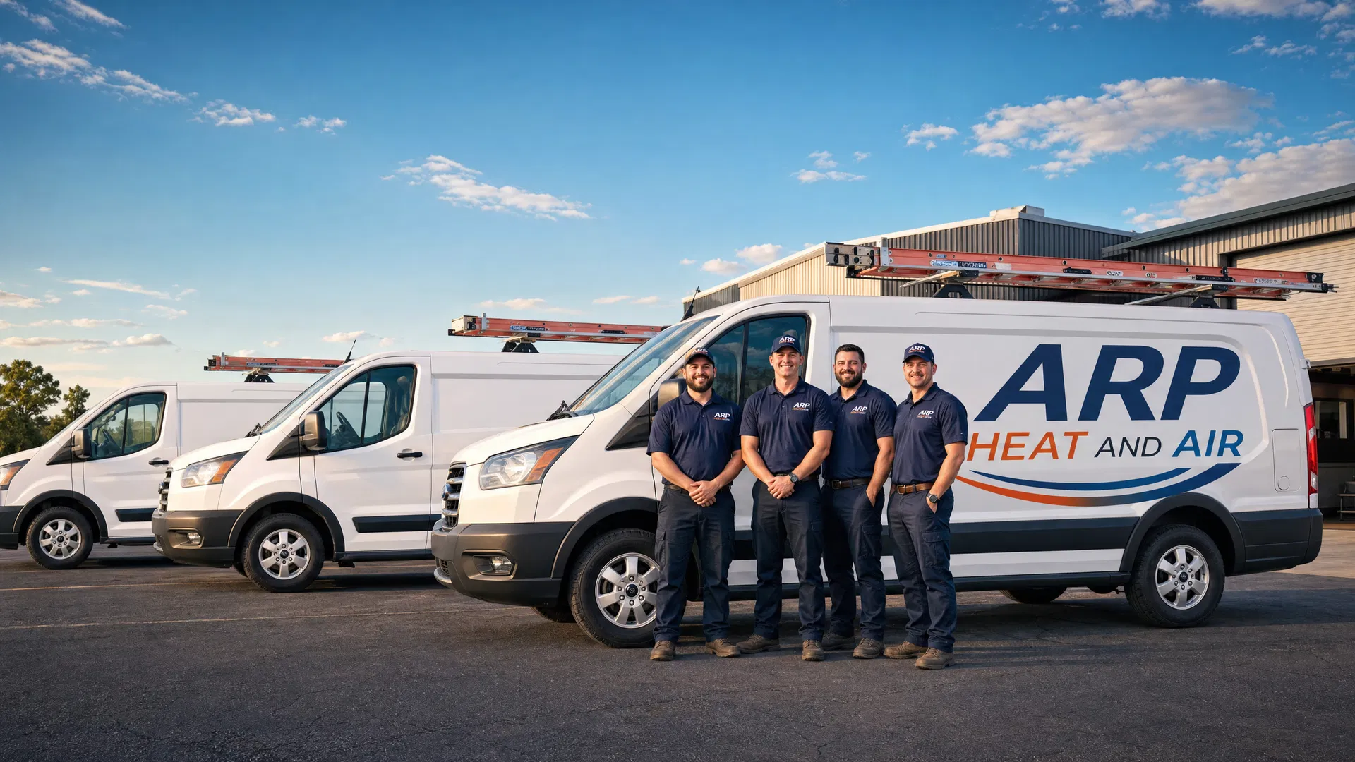 ARP Heat And Air fleet of service vans with technicians — OKC metro HVAC company