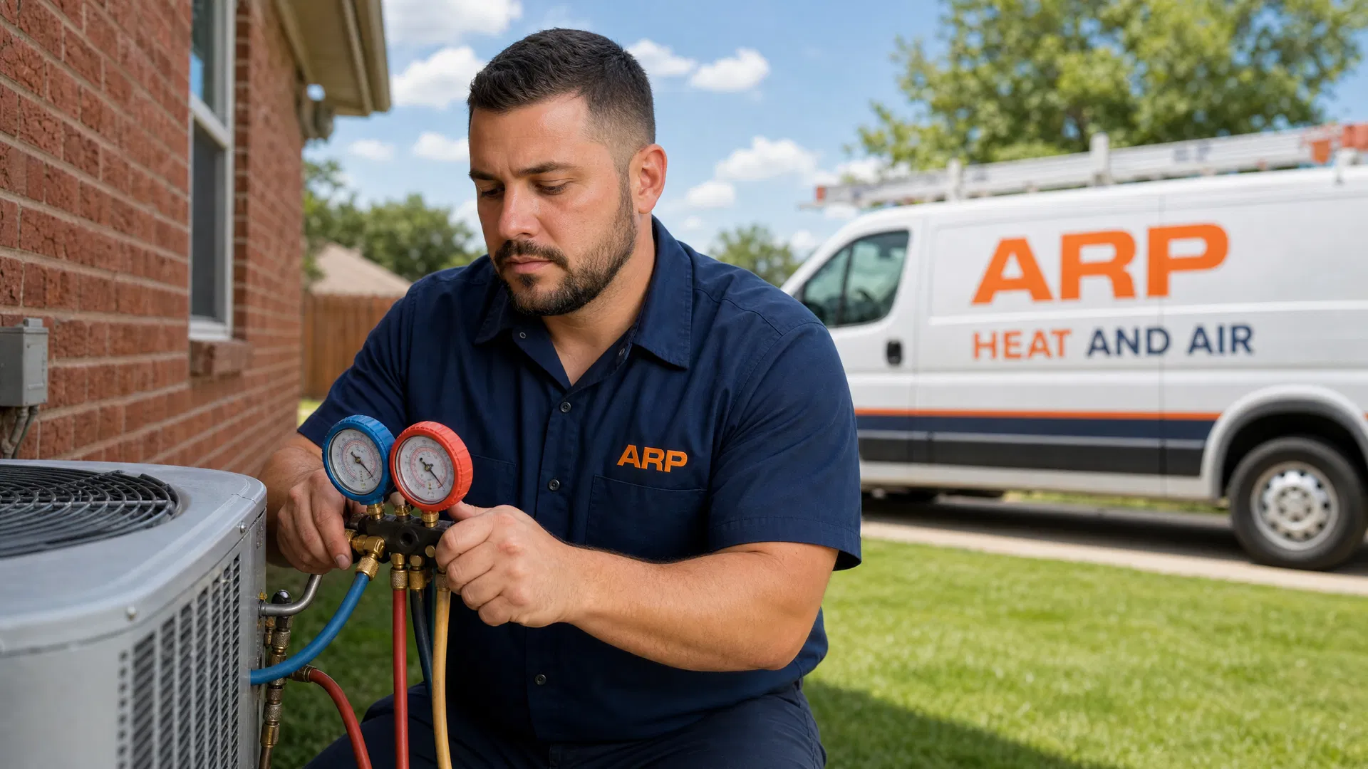 ARP Heat And Air technician performing AC Installation inJones, OK — branded service van visible in background
