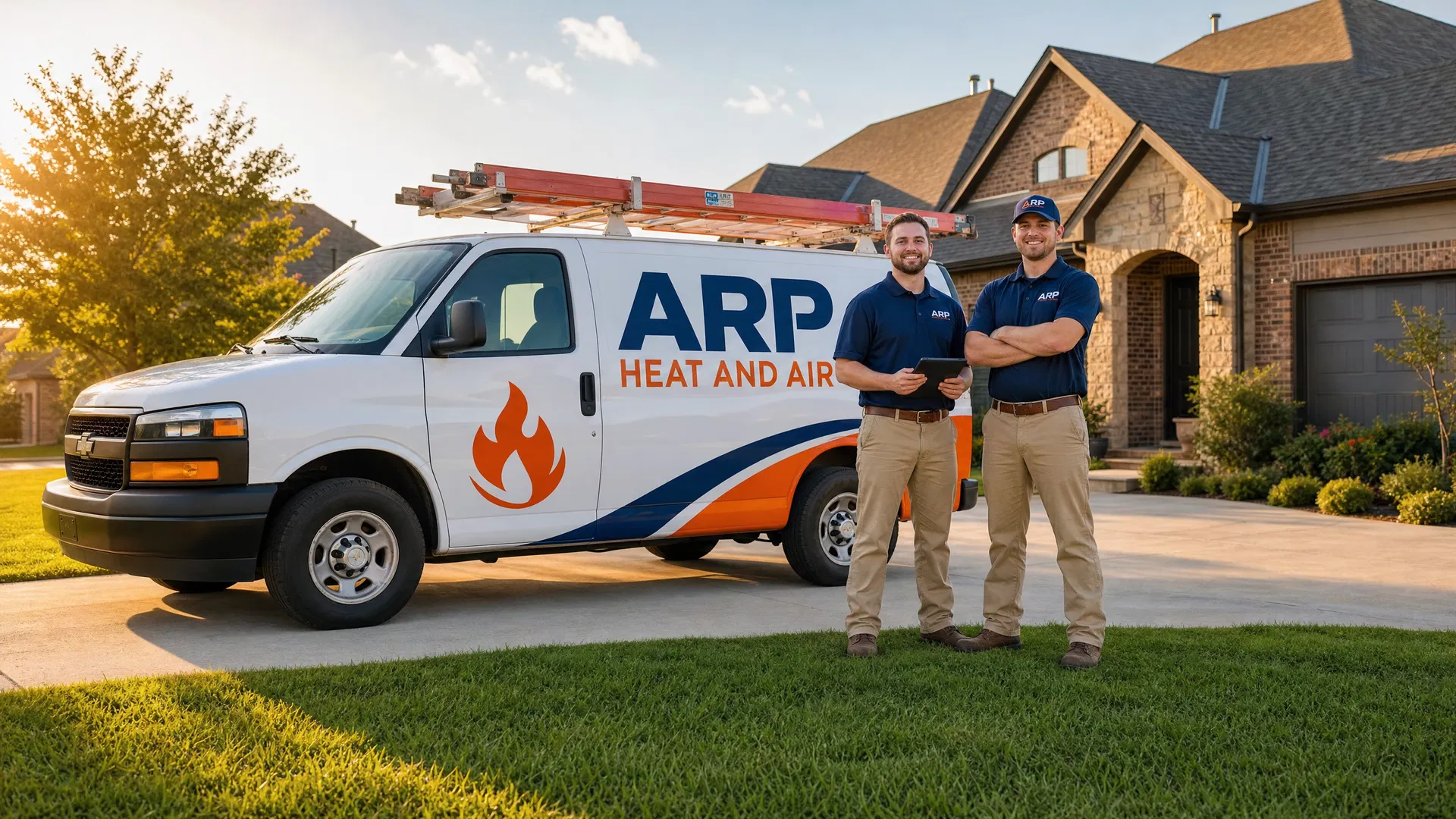 ARP Heat And Air technicians with branded service van — Edmond Oklahoma HVAC company