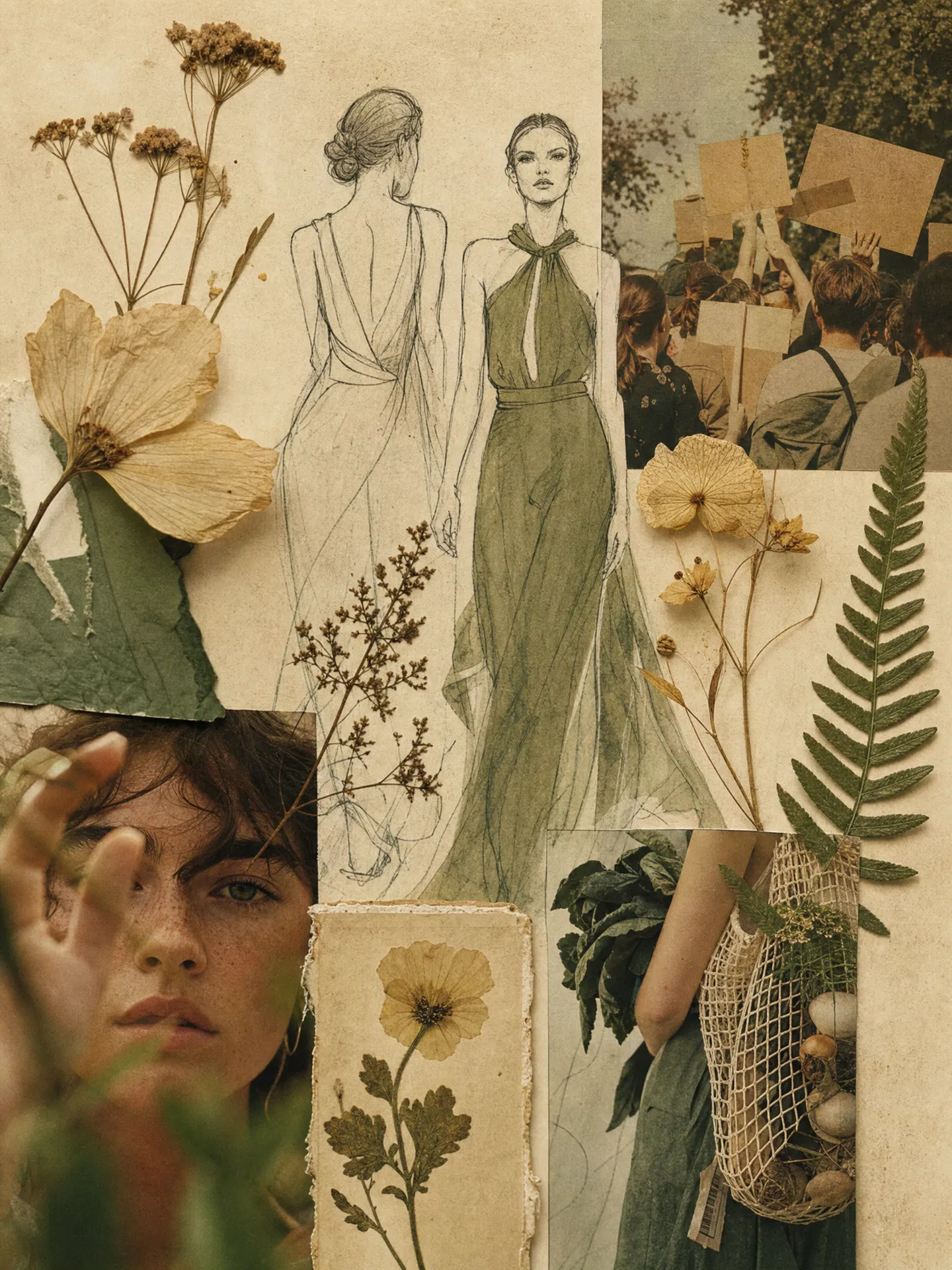Editorial collage of fashion sketches, botanical flowers, and animal rights activism