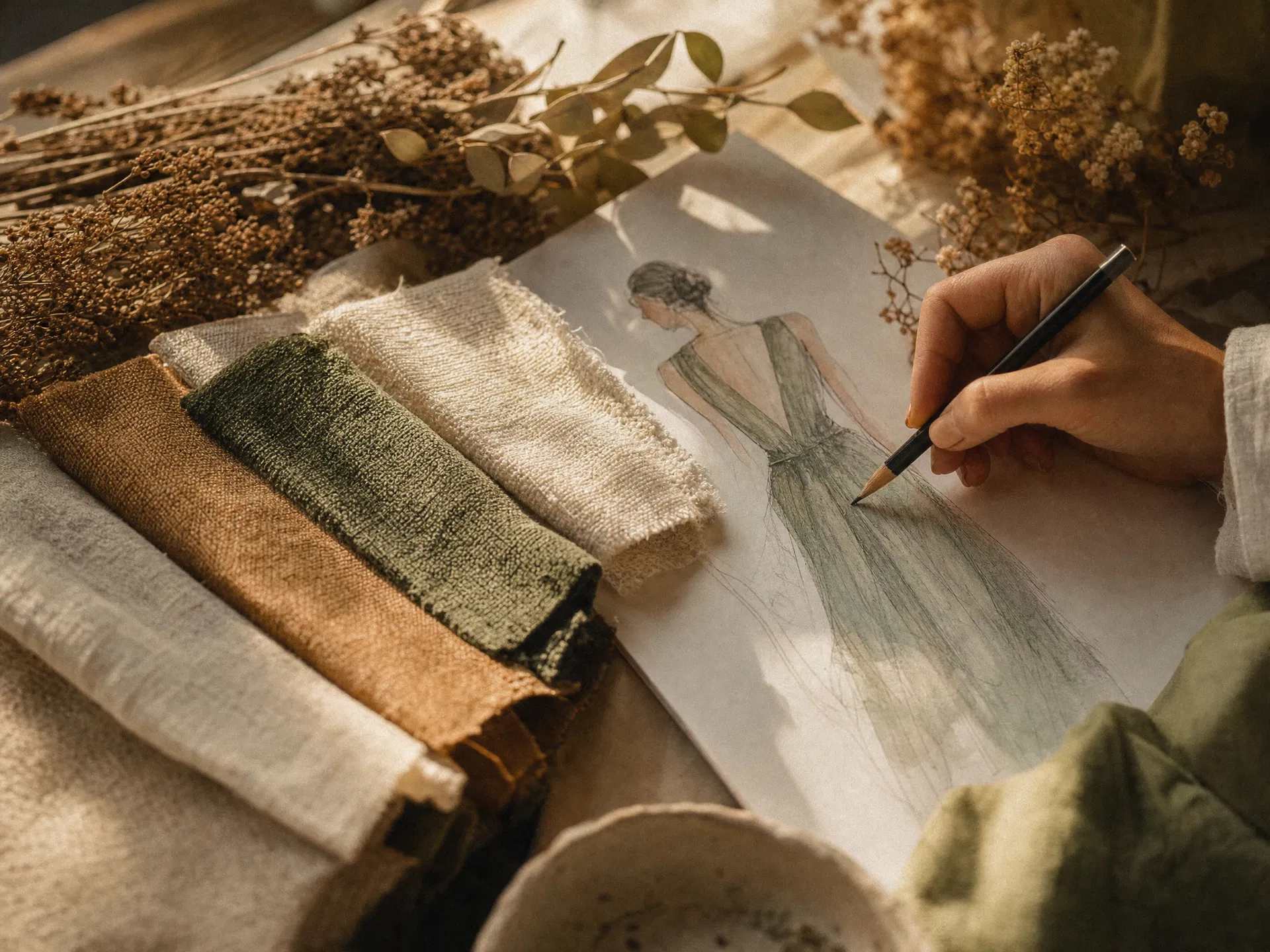 A fashion designer's studio with fabric swatches and sketches