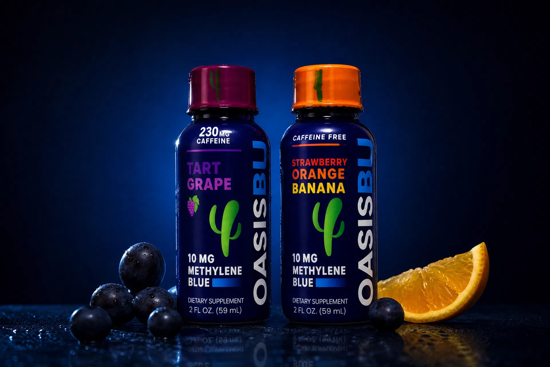 Cogniblu methylene blue juice shot — 10mg USP-grade, Tart Grape and Strawberry Orange Banana