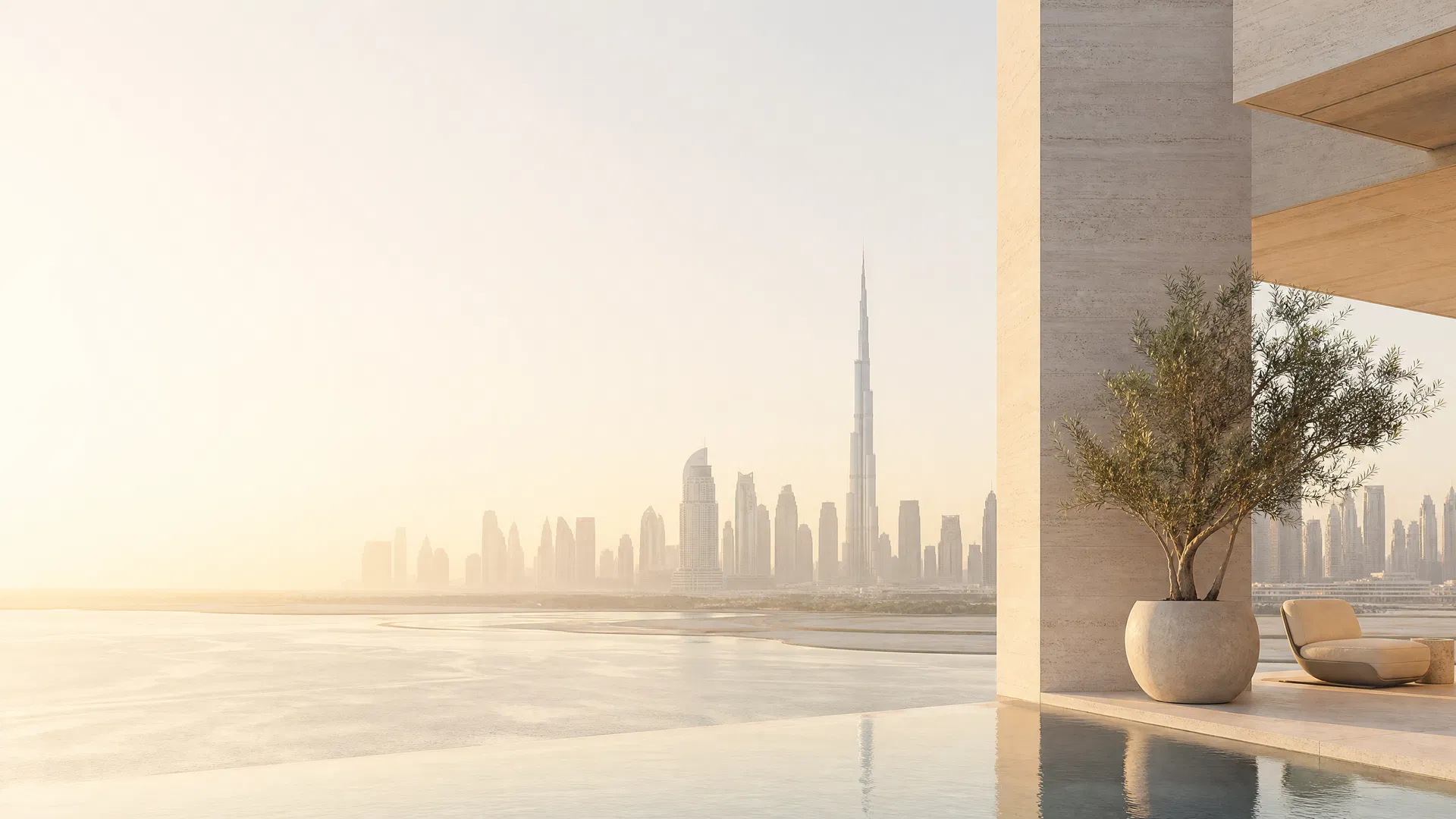 Dubai waterfront skyline viewed from a contemporary terrace