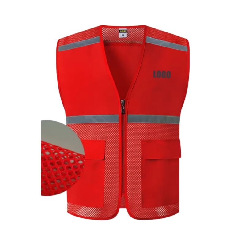 High-Visibility Red Mesh Safety Vest with Reflective Strips & Pockets for Workplace Safety - Dragon Uniform