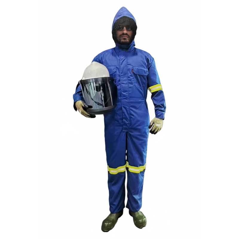 Durable Hooded Blue Safety Coverall with Reflective Stripes for Industrial Work - Dragon Uniform