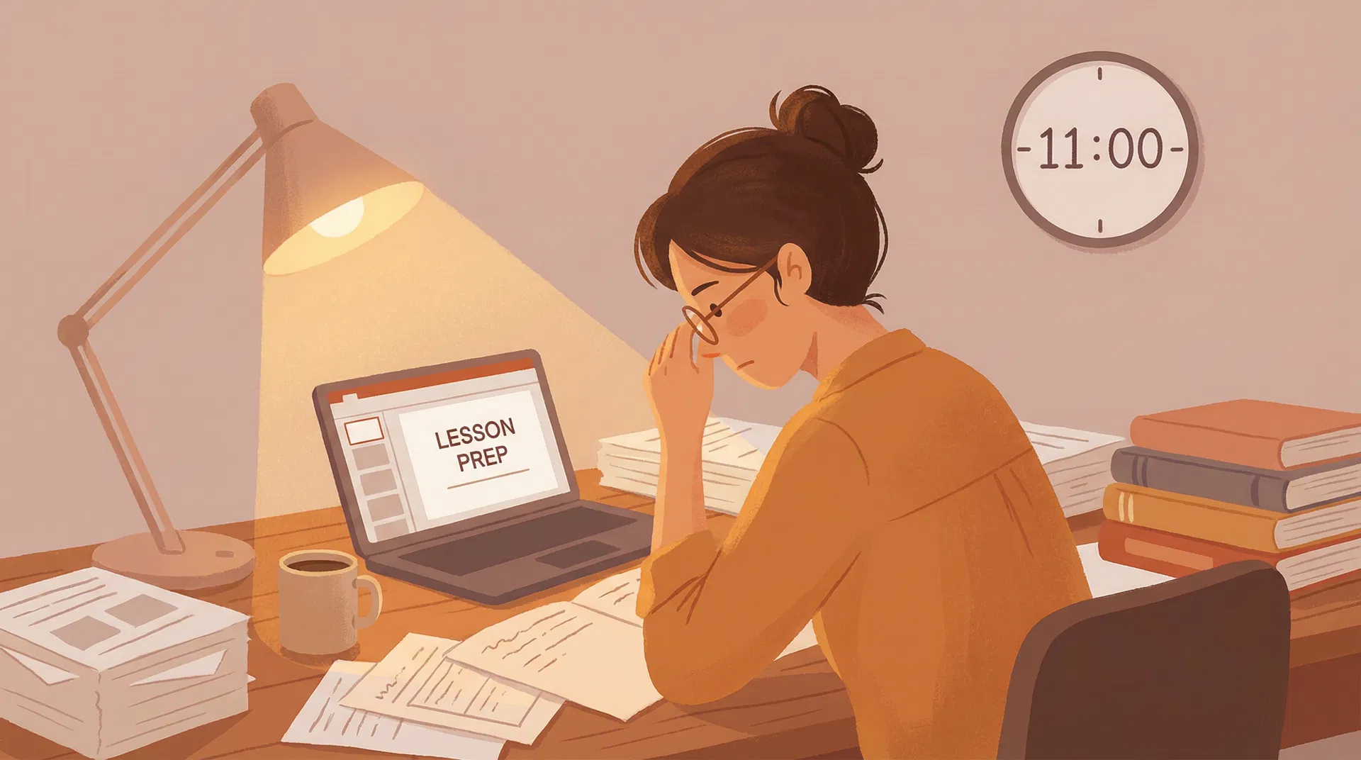 備課的夜晚,時鐘指向 11 點