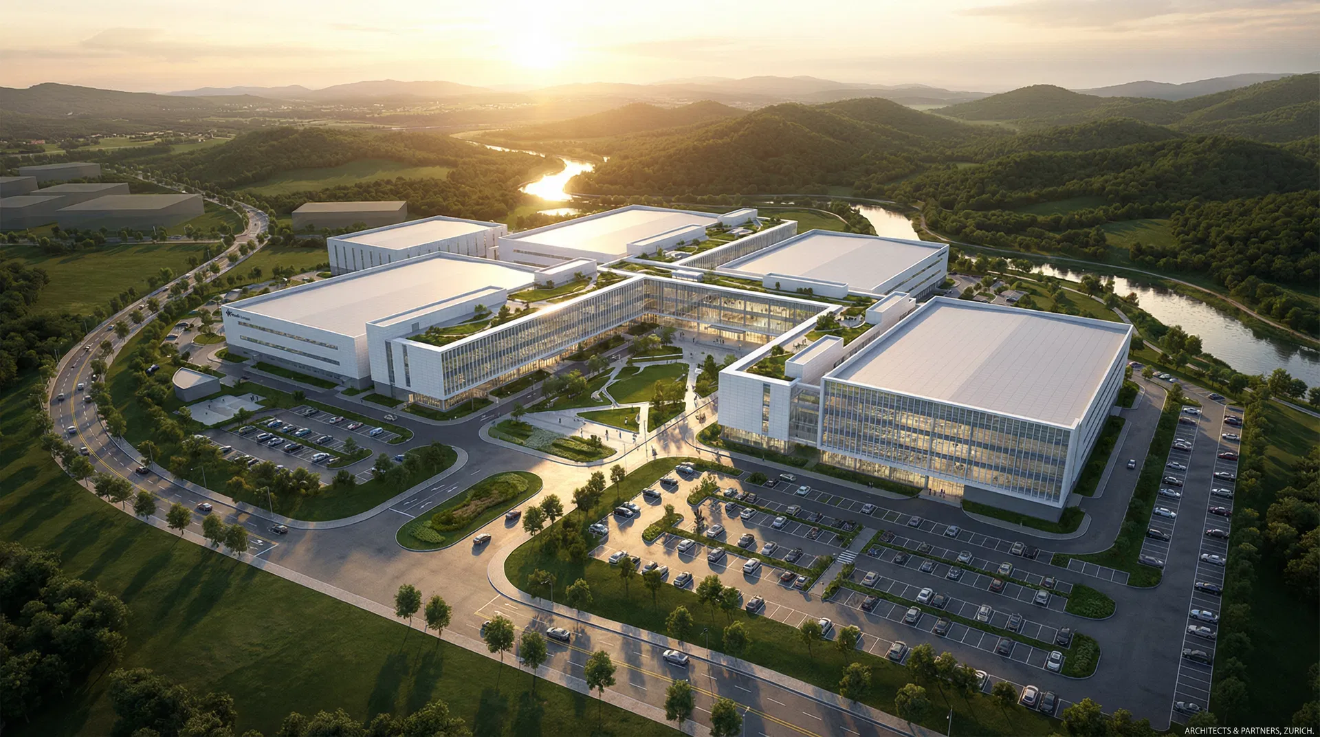 Conceptual architectural render of industrial campus