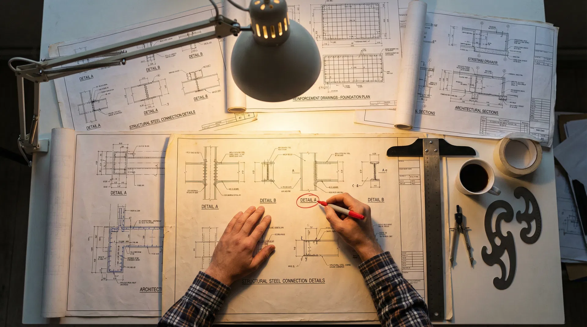 Engineer reviewing detailed construction drawings