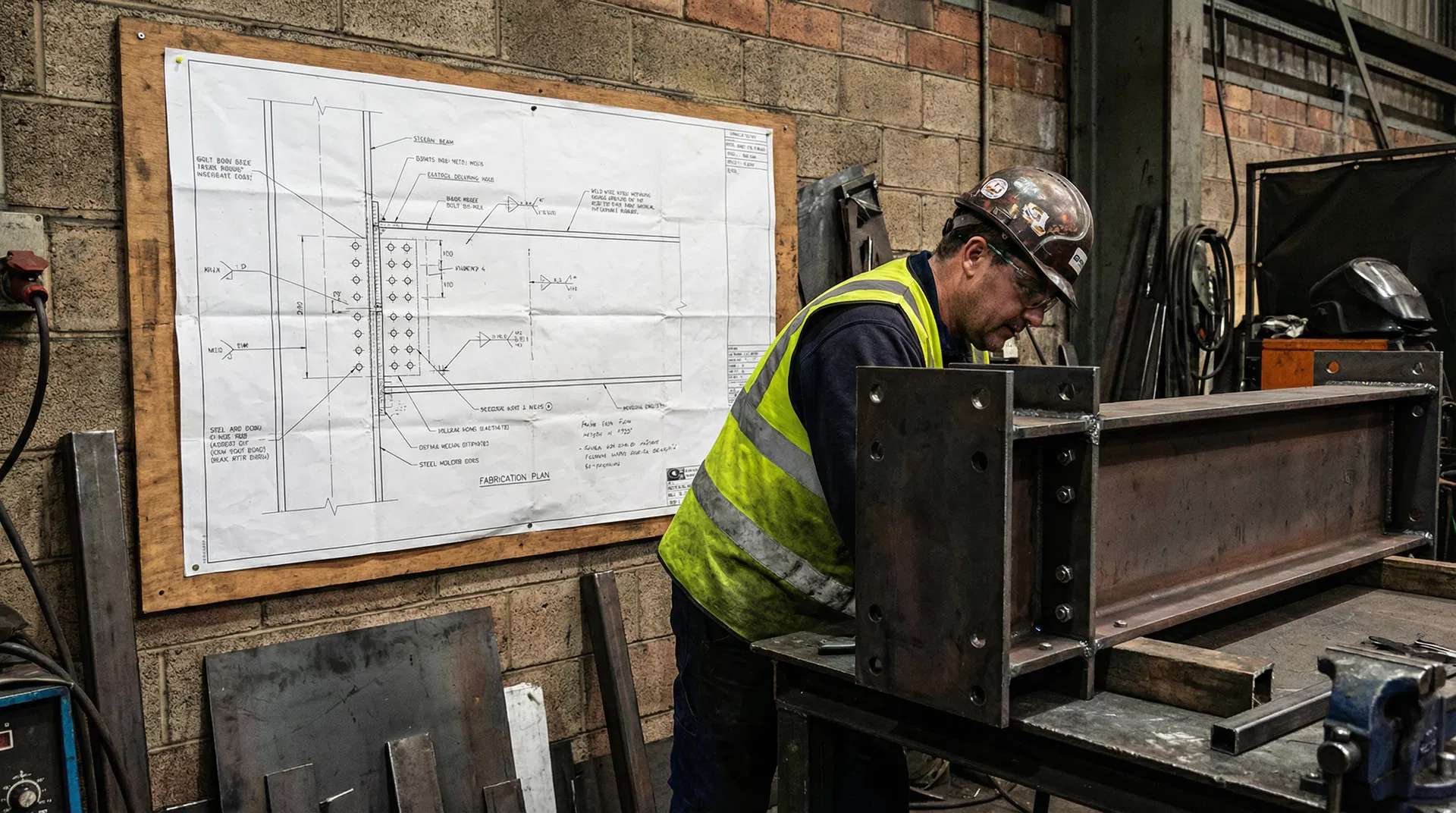 Steel fabricator reviewing workshop drawing