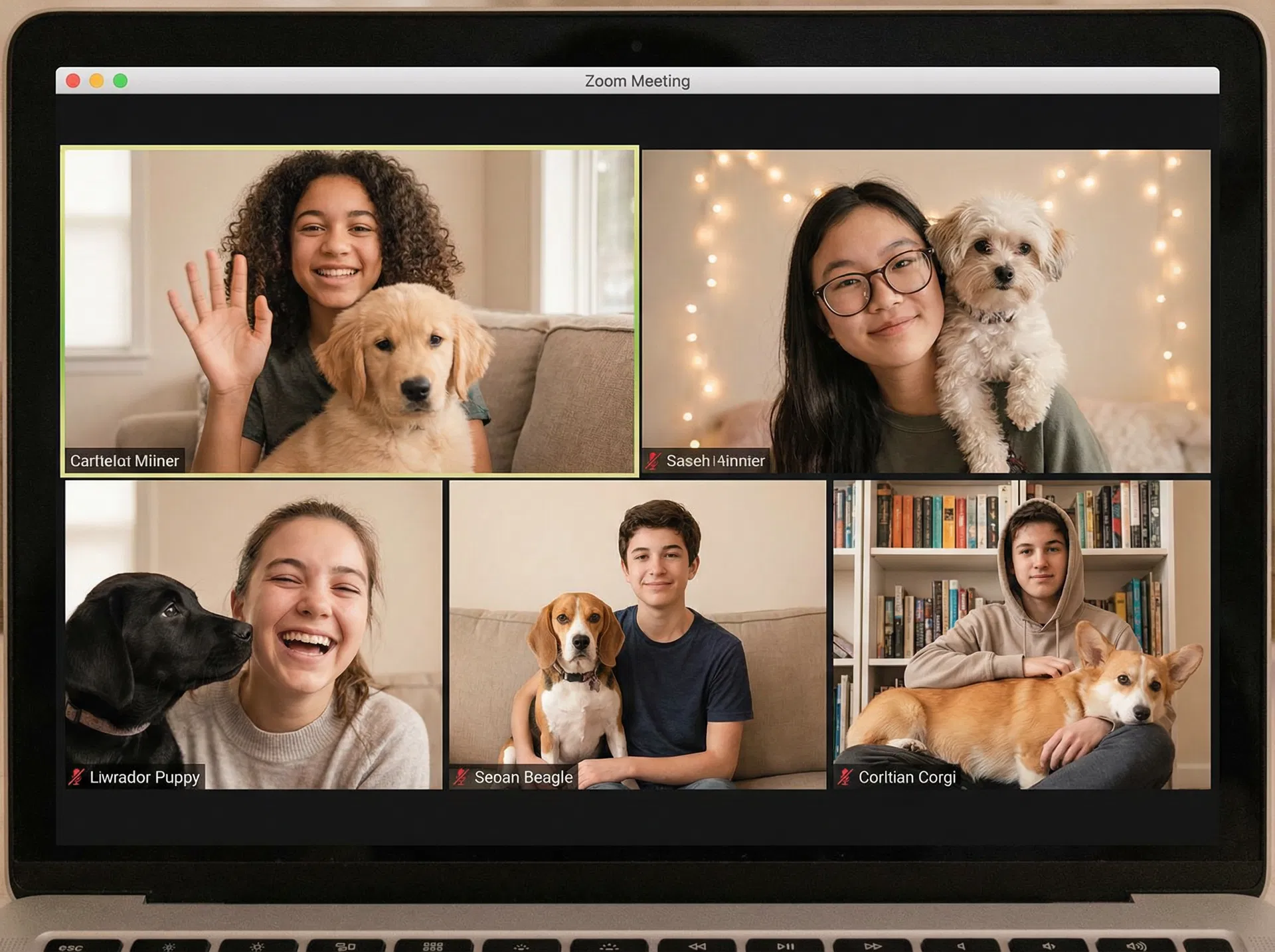Teenagers on a Zoom video call with their dogs