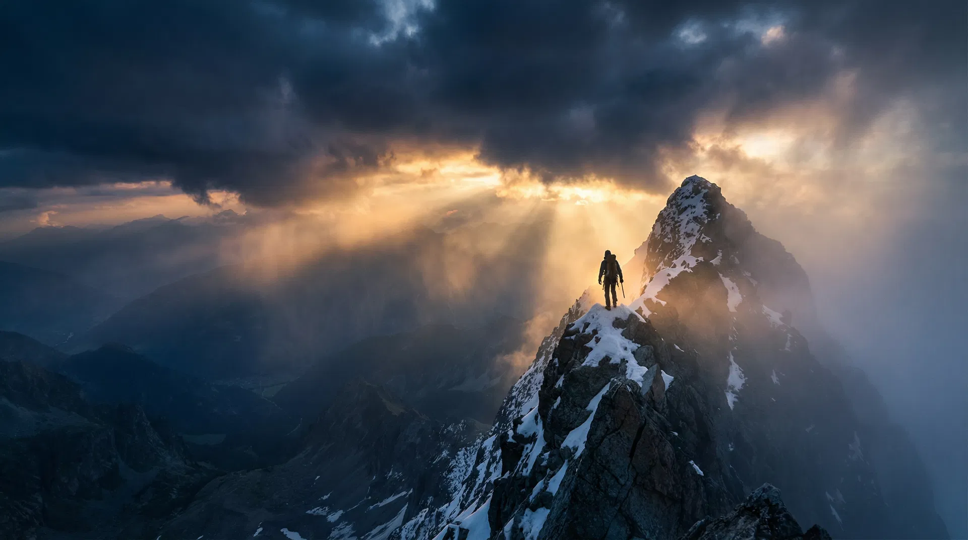 Dramatic mountain landscape at golden hour symbolizing the final sprint to the summit