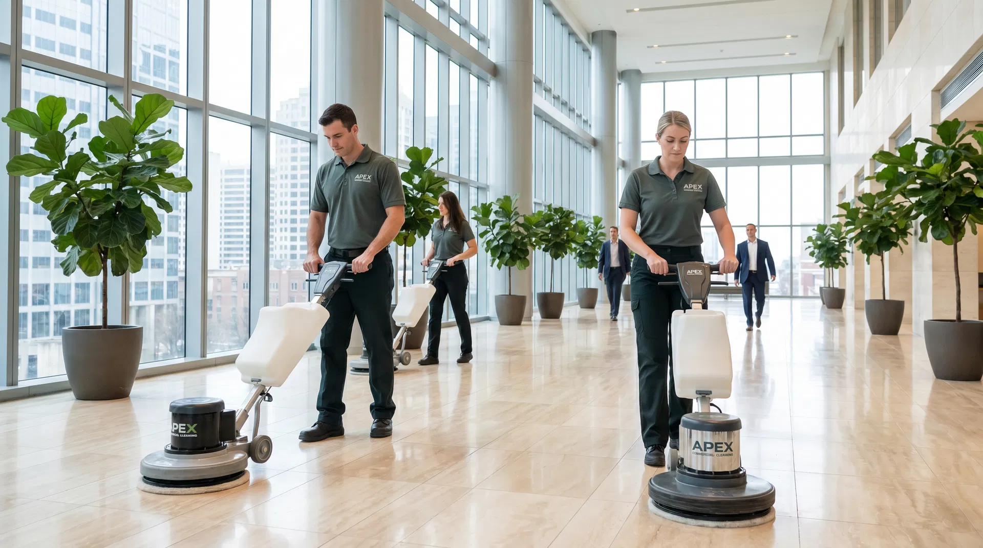 Professional commercial cleaning team working in a modern office lobby