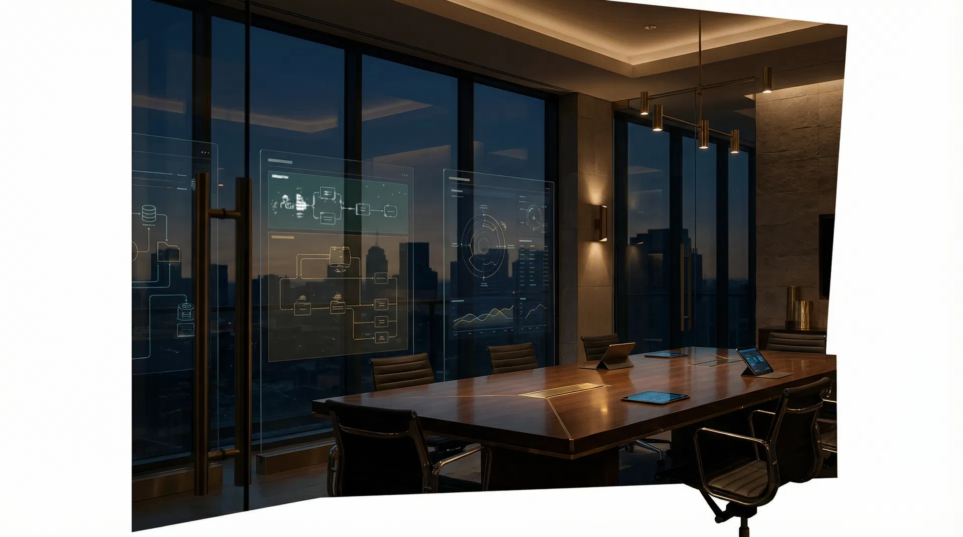 Executive strategy room with AI-focused visual systems