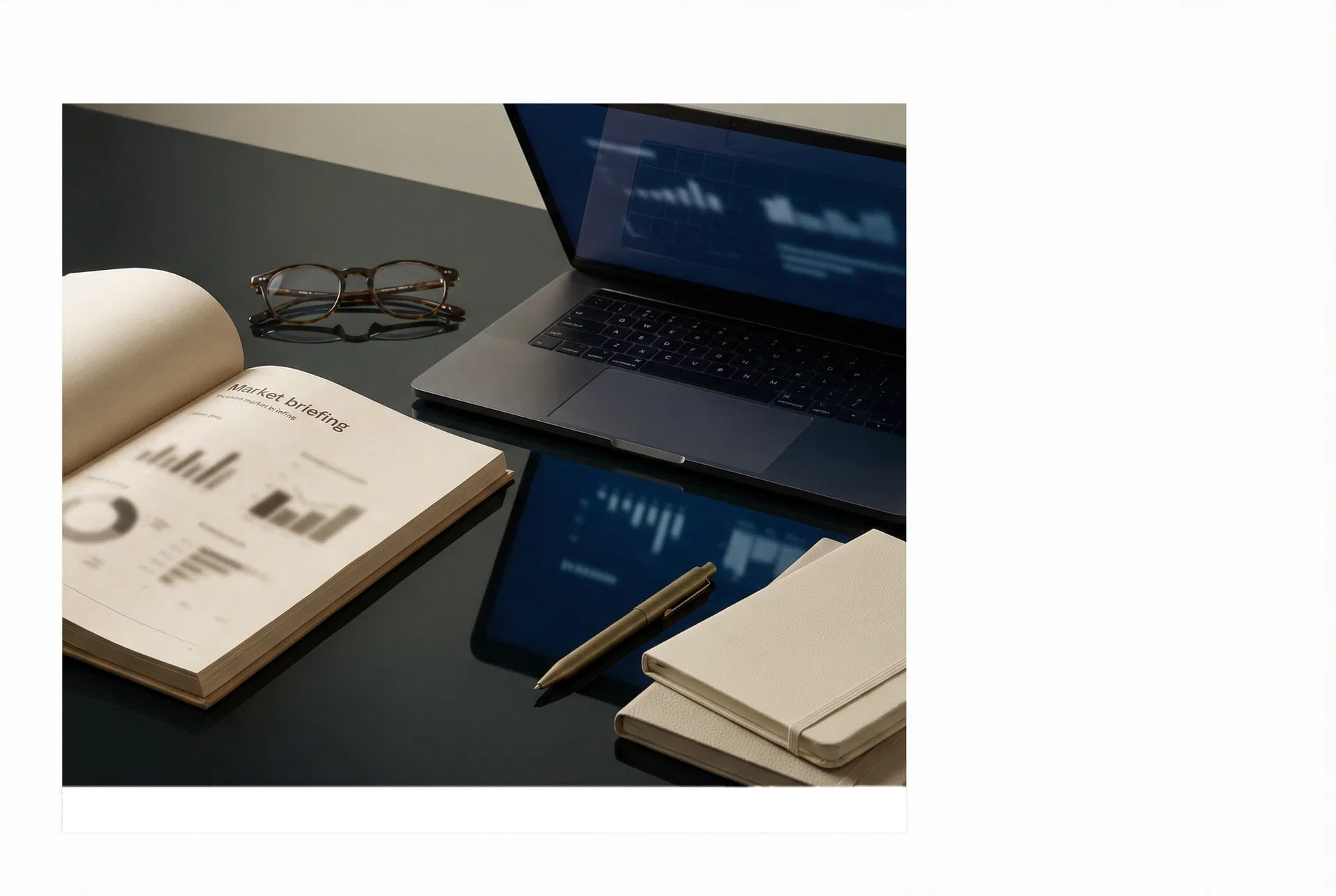 Desk with business briefing materials and laptop