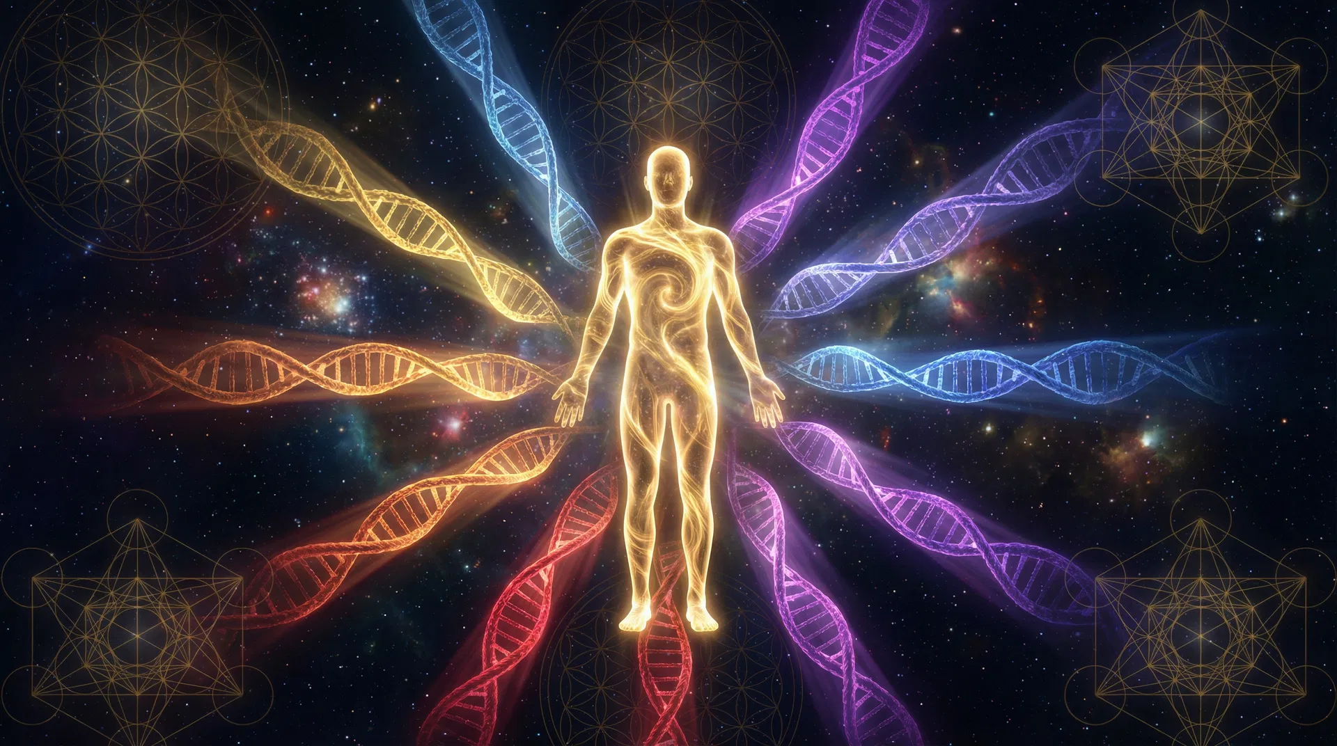 12 Strand DNA Activation — Luminous human figure with 12 radiating DNA strands