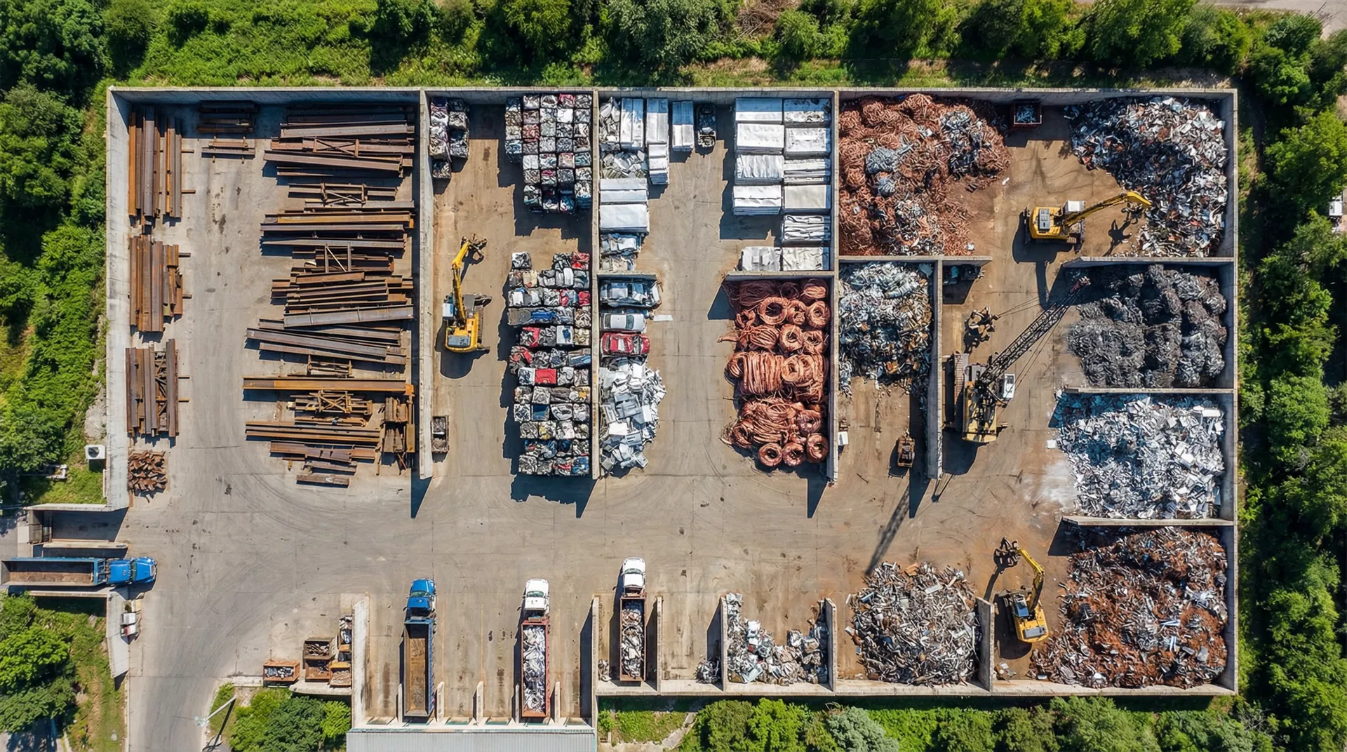 Aerial view of large-scale metal scrap recycling facility
