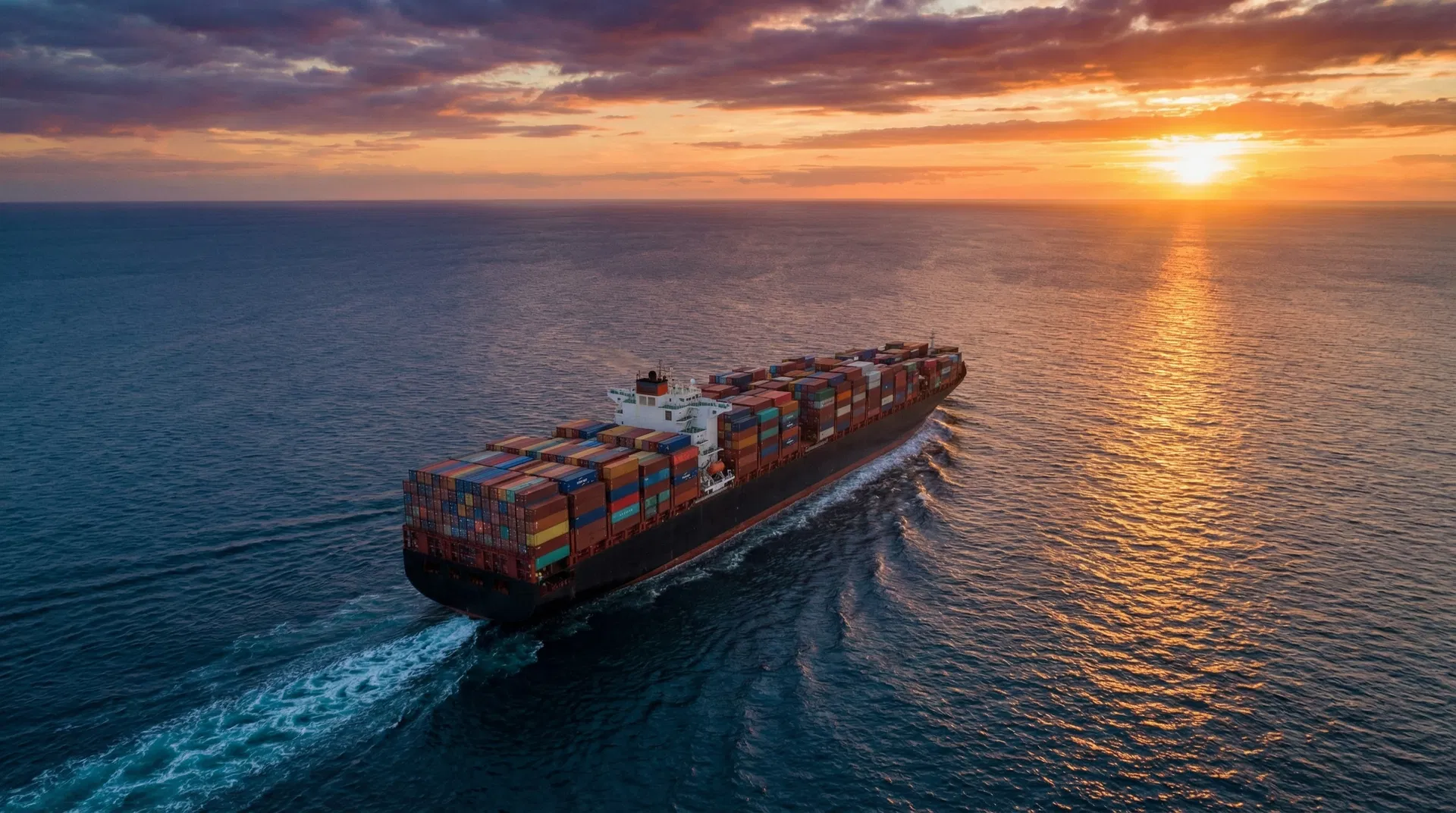Container ship navigating open ocean at sunset