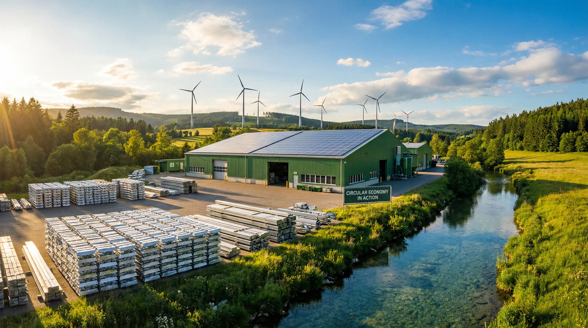 Green recycling facility with solar panels