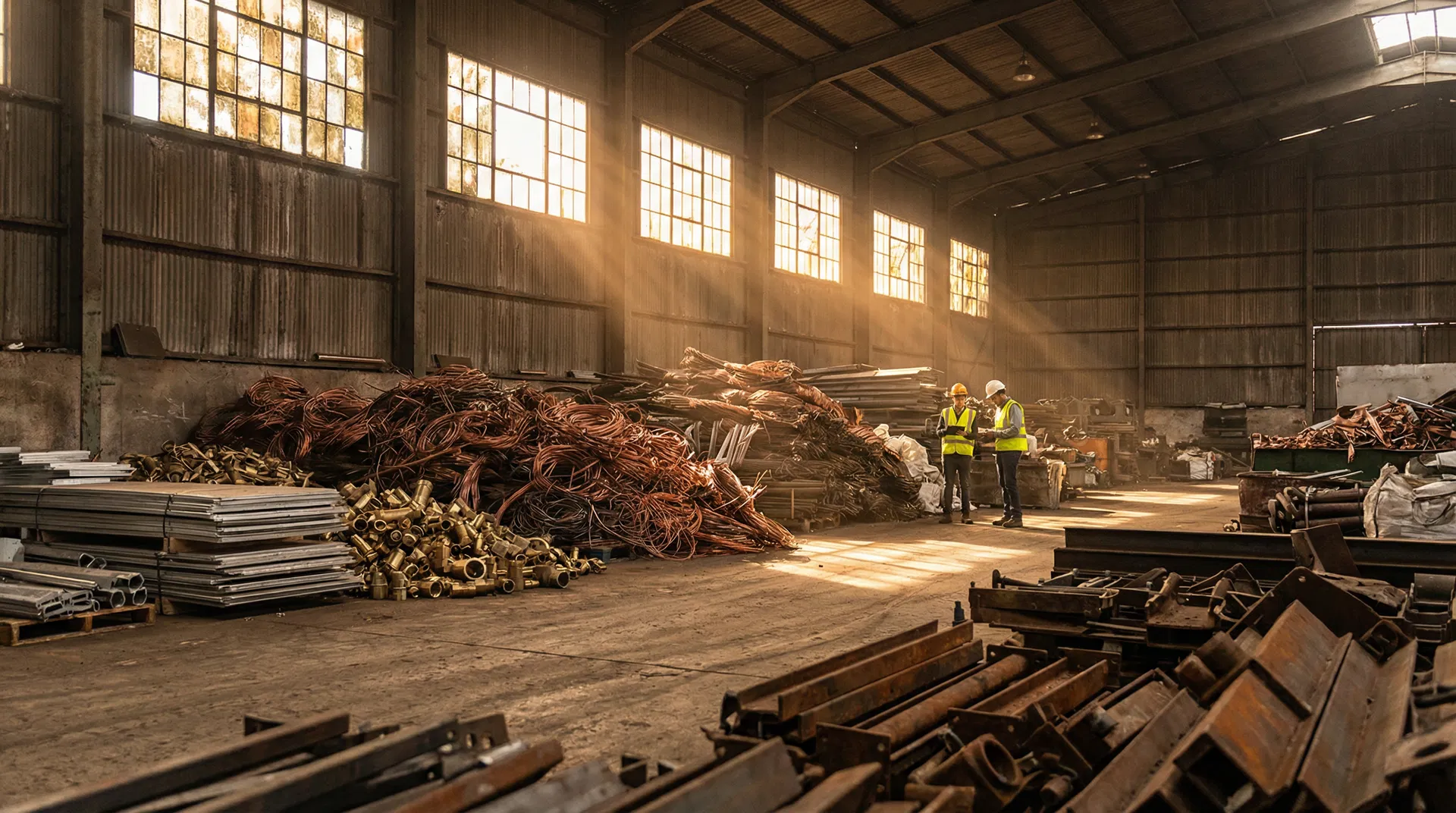 Industrial scrap warehouse with copper wire and metal materials