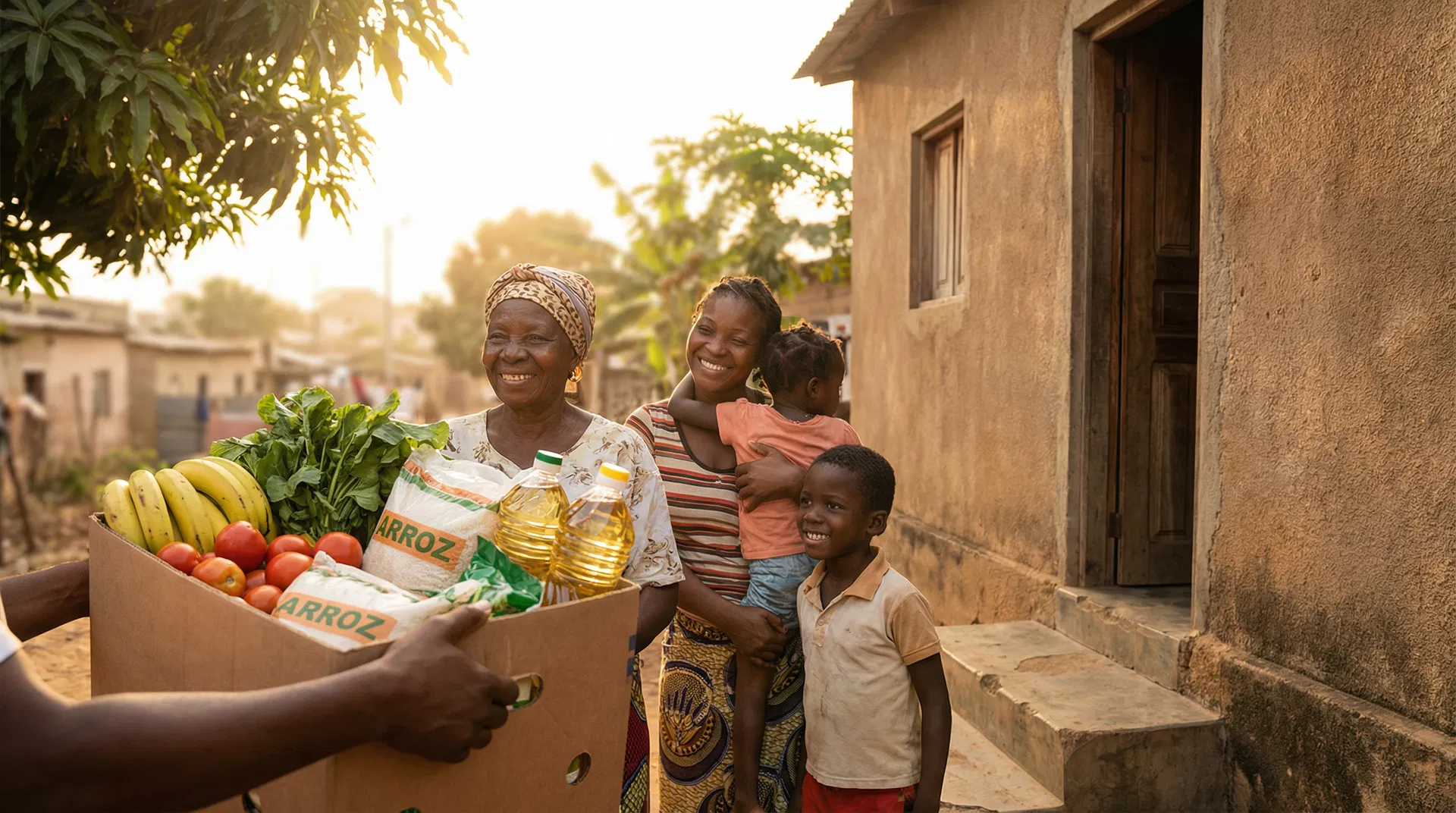 Família angolana recebendo cesta básica