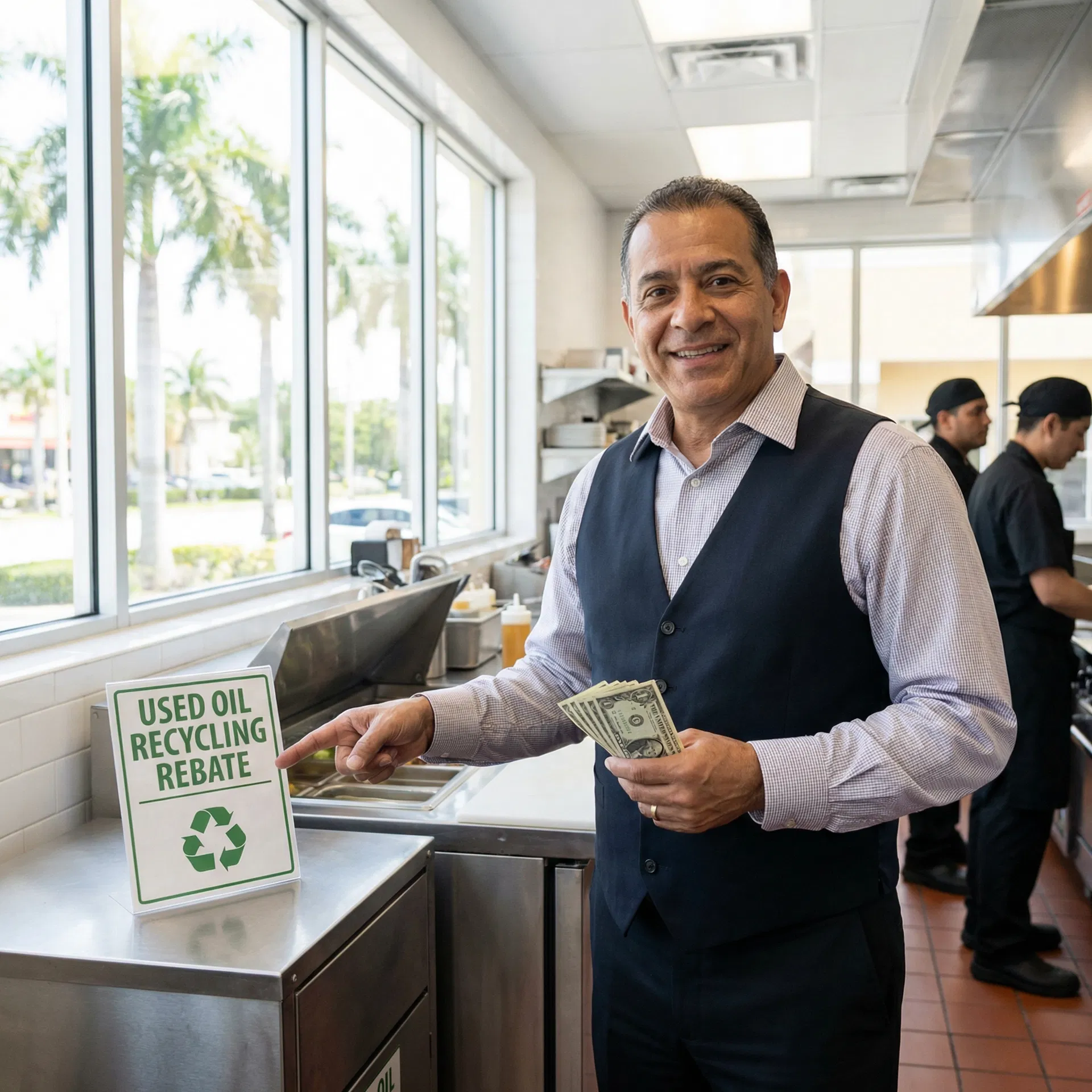Restaurant owner earning cash back from used cooking oil recycling in South Florida