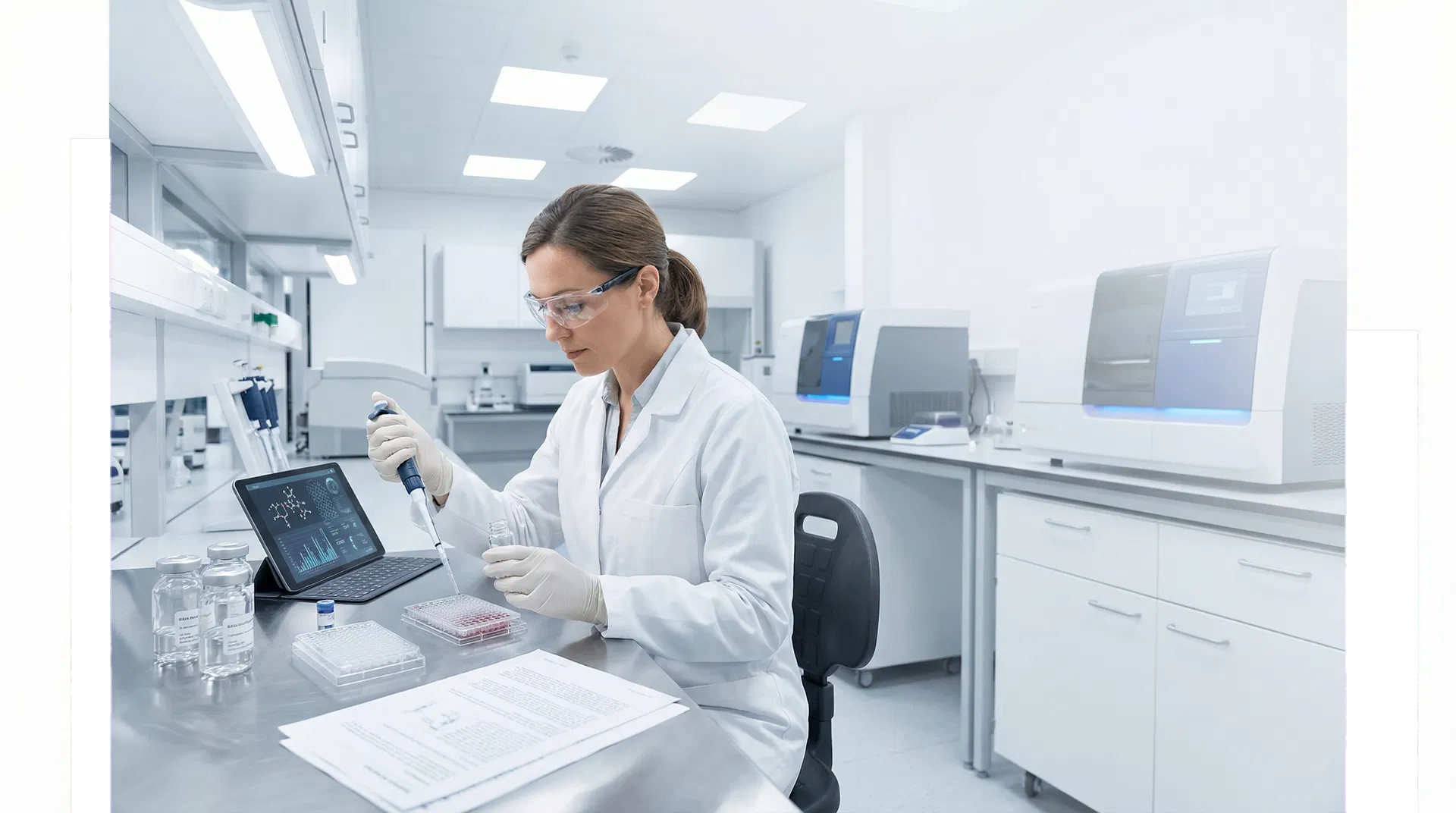 Laboratory researcher handling peptide analysis tools