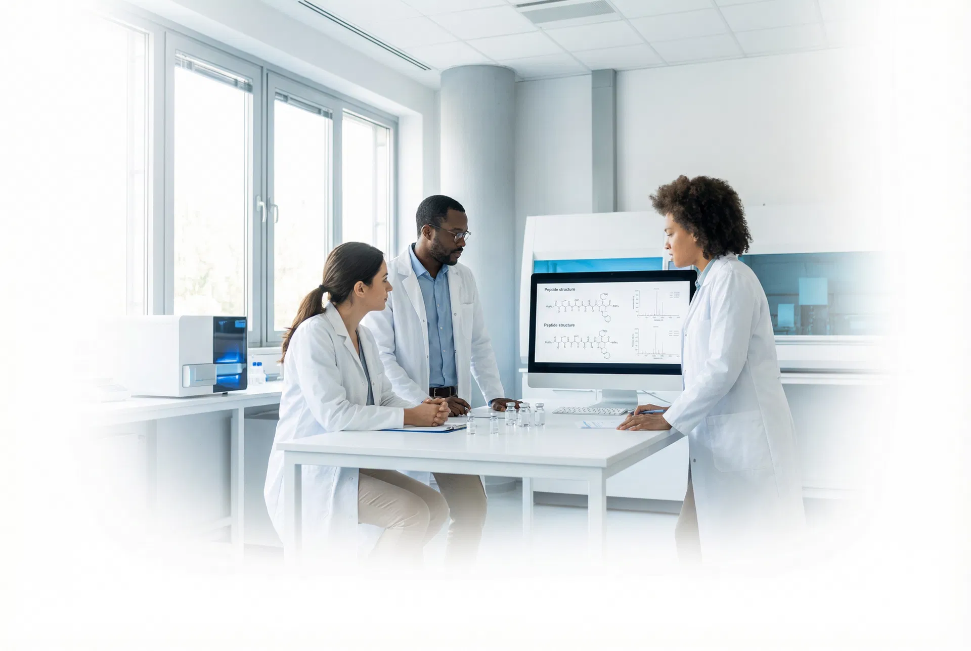 Research team discussing peptide study materials