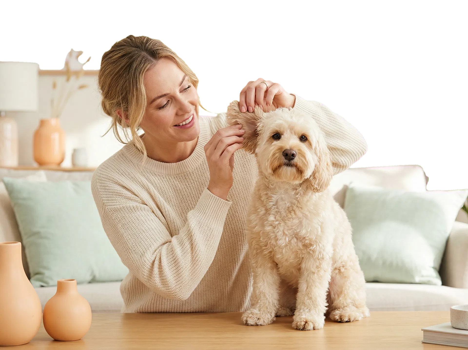 Pet owner gently checking a small fluffy dog's ear in a bright home