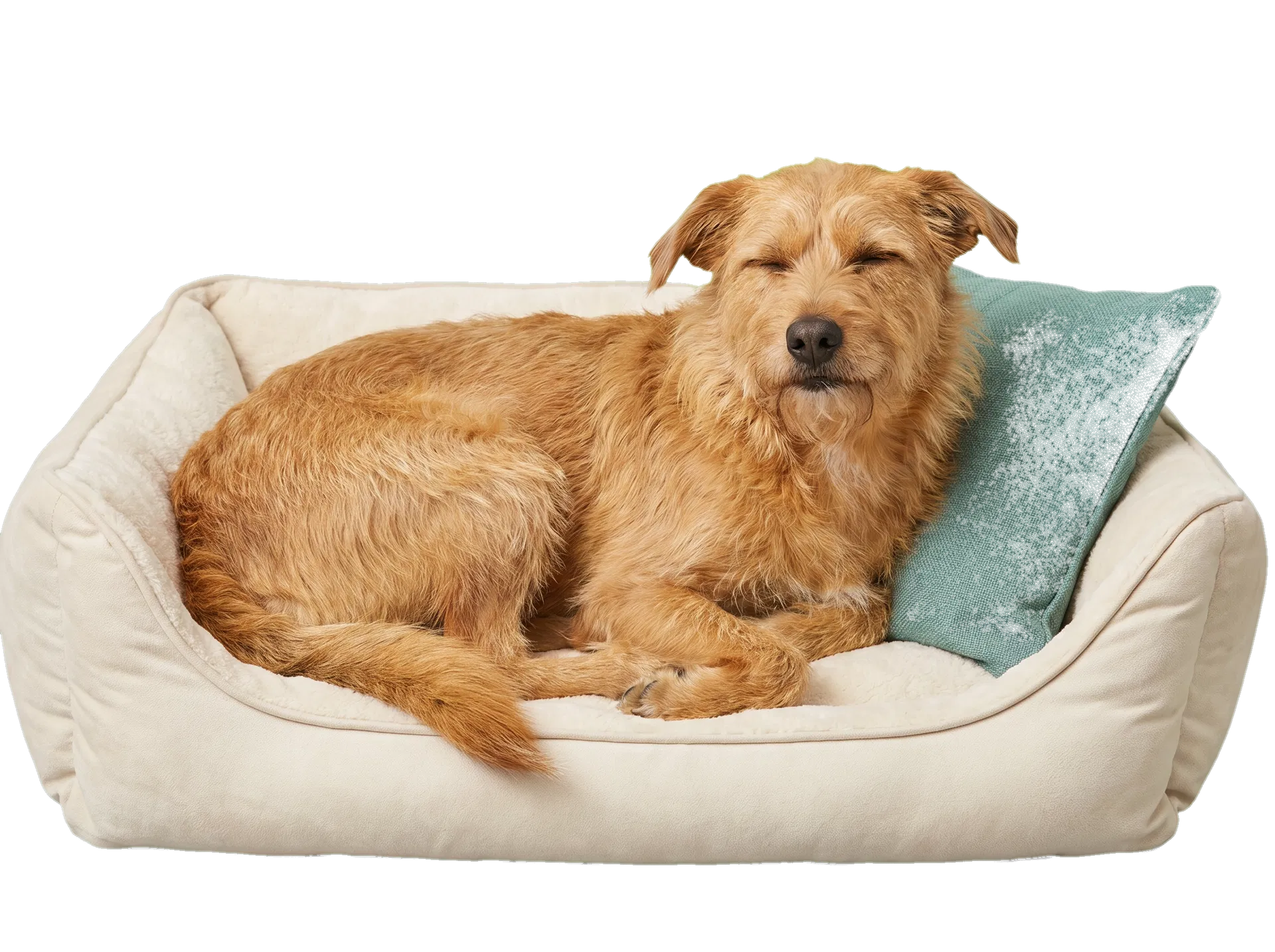 Relaxed dog resting comfortably on a soft bed
