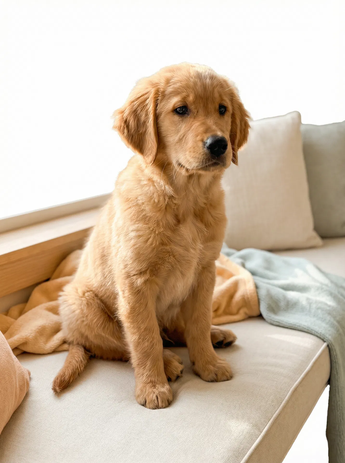 Golden retriever puppy sitting in a bright sunny home