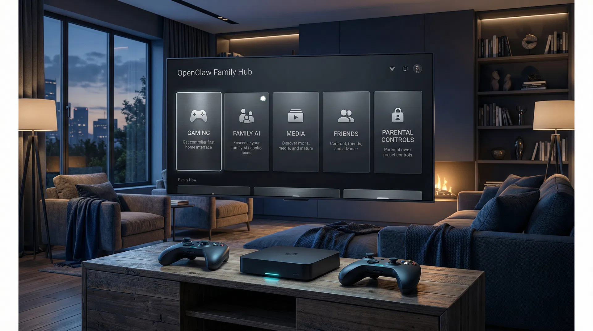 OpenClaw Family Hub concept in a premium living room environment