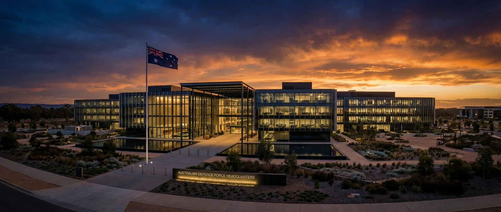 Australian defence building at dusk