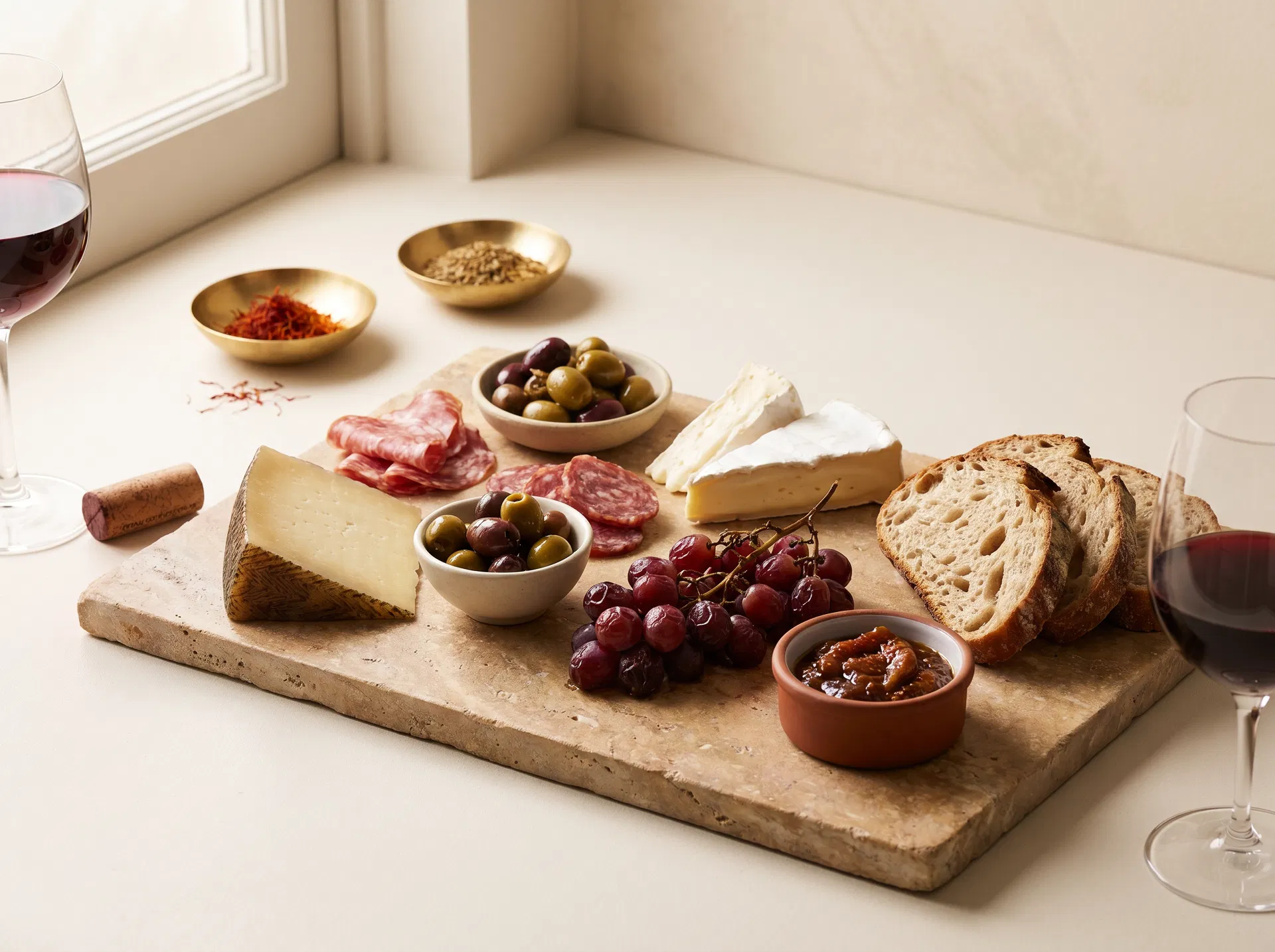 Deli-shop cheese, charcuterie, olives, grapes, and wine pairing spread