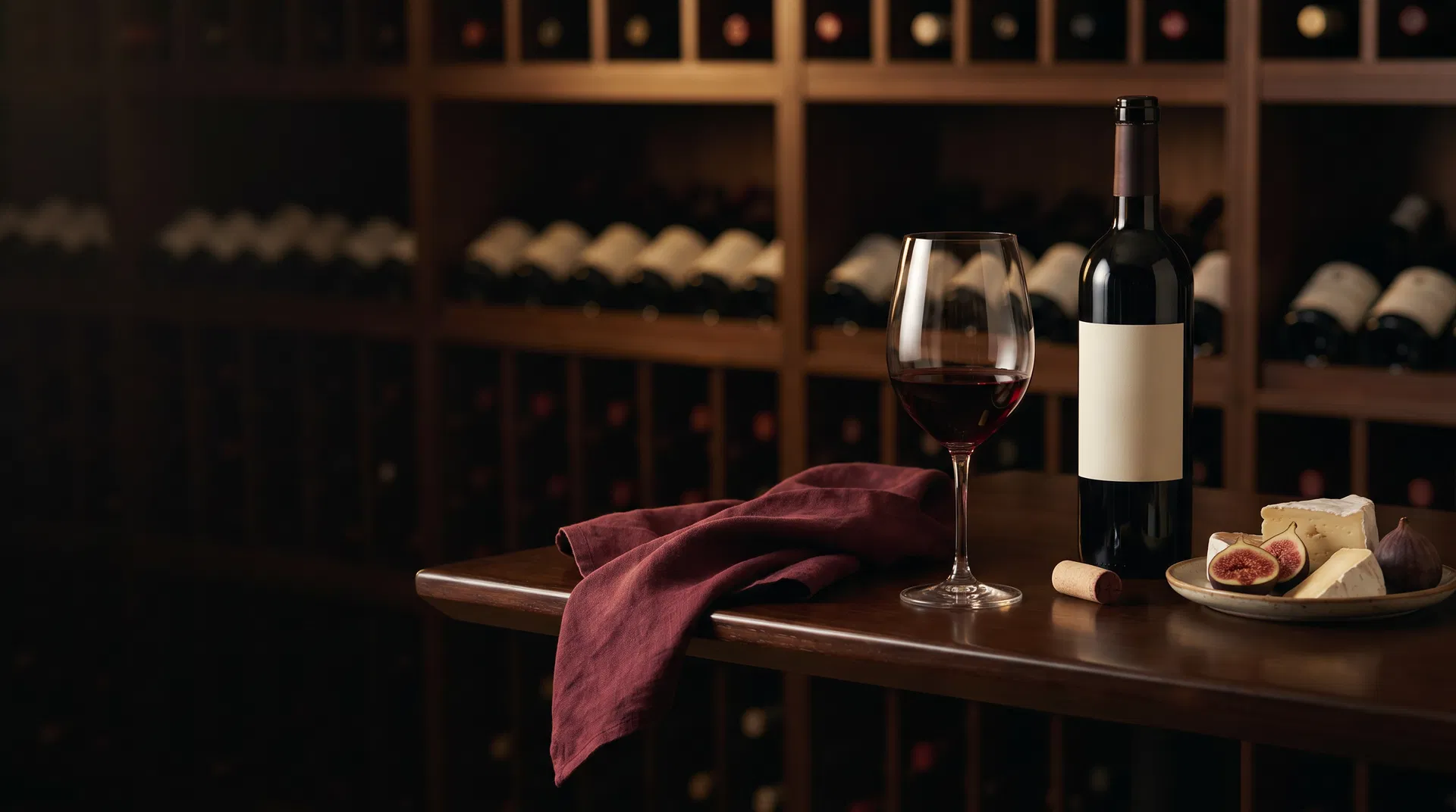 A refined cellar table with wine, cheese, figs, cork, and warm burgundy linen