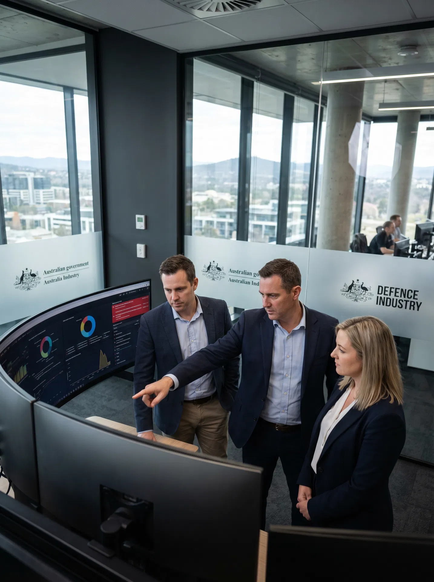 Serious Defence team reviewing DISP compliance dashboards in Canberra
