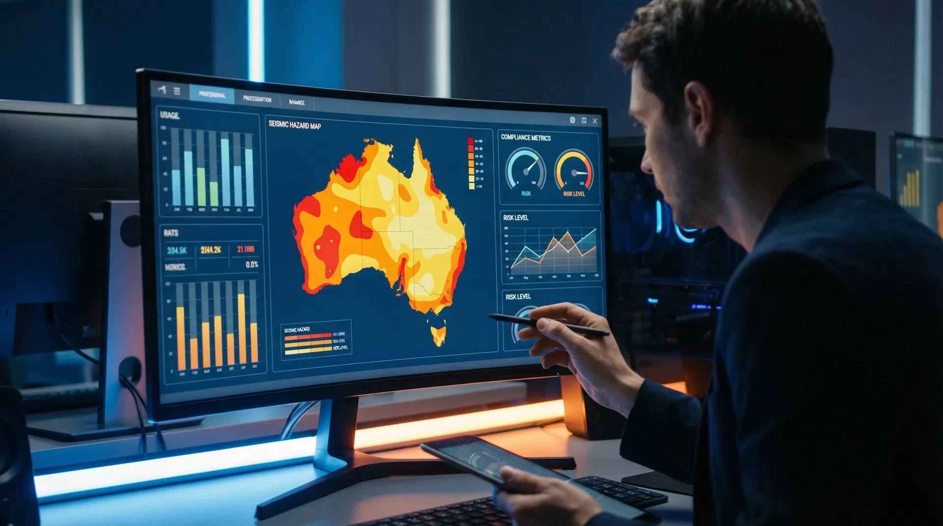 Structural engineer reviewing seismic hazard map of Australia on a compliance dashboard