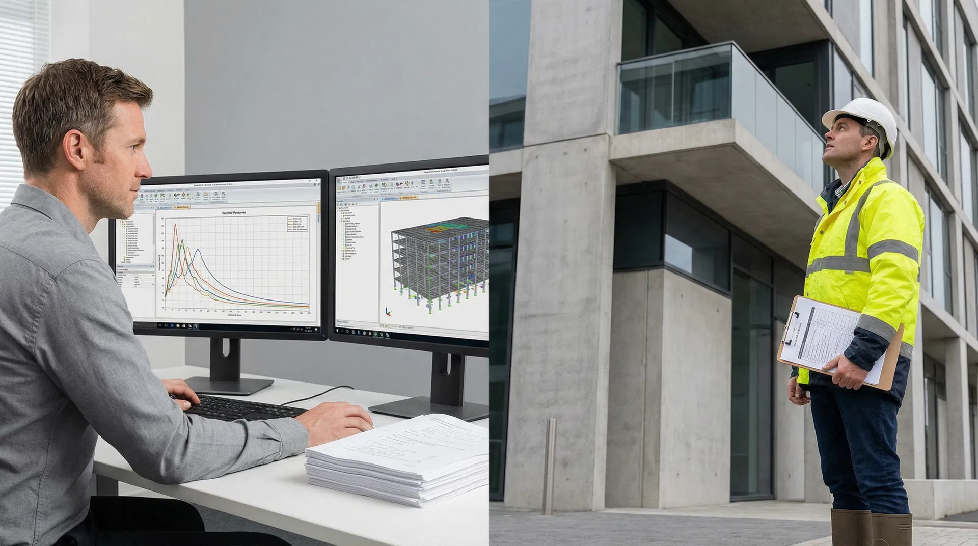 Structural engineer at seismic analysis software next to building surveyor inspecting a completed building