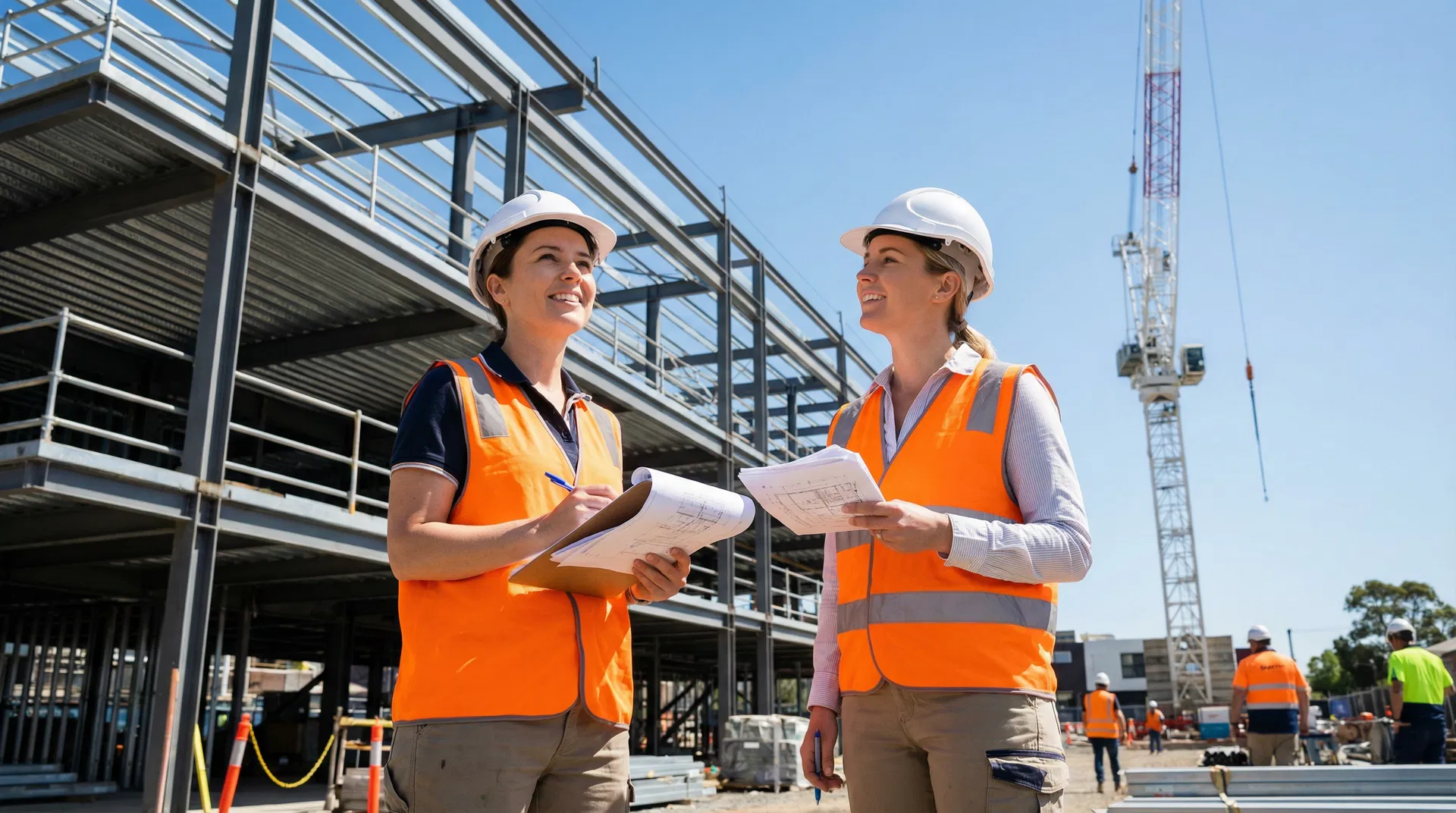 Two structural engineers in high-visibility vests reviewing building plans on a construction site